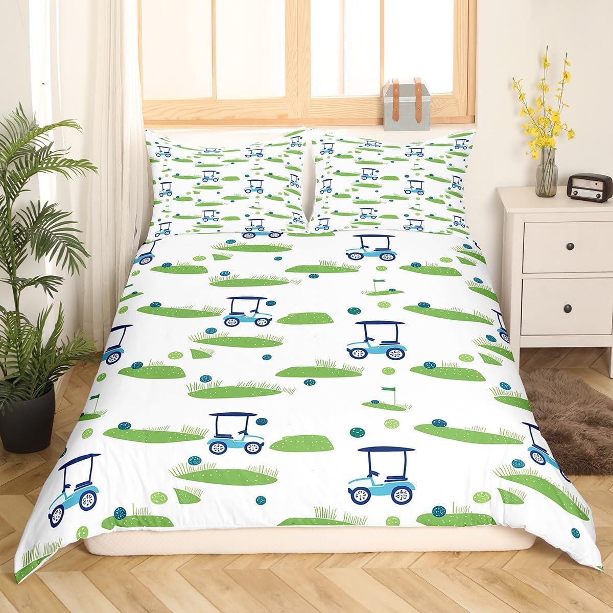 Golf Cart Duvet Cover Set Toddler Size,Golf Sports Bedding Set for Kids Boys Girls Room Decor,Green Grass Comforter Cover,Ball Sports Lover Quilt Cover with 1 Pillowcase(No Comforter)