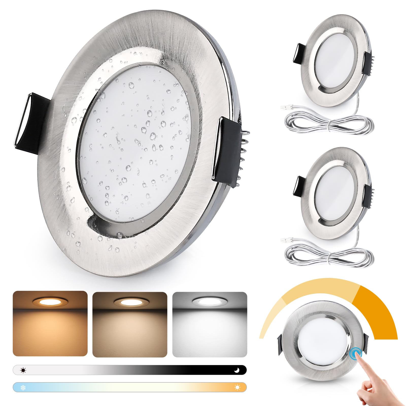 4x LED-Einbaustrahler 70mm | 12V/24V | Dimmbar Mit Touch | Warmweiß 3200K | Für Wohnmobil, Boot & Tiny House