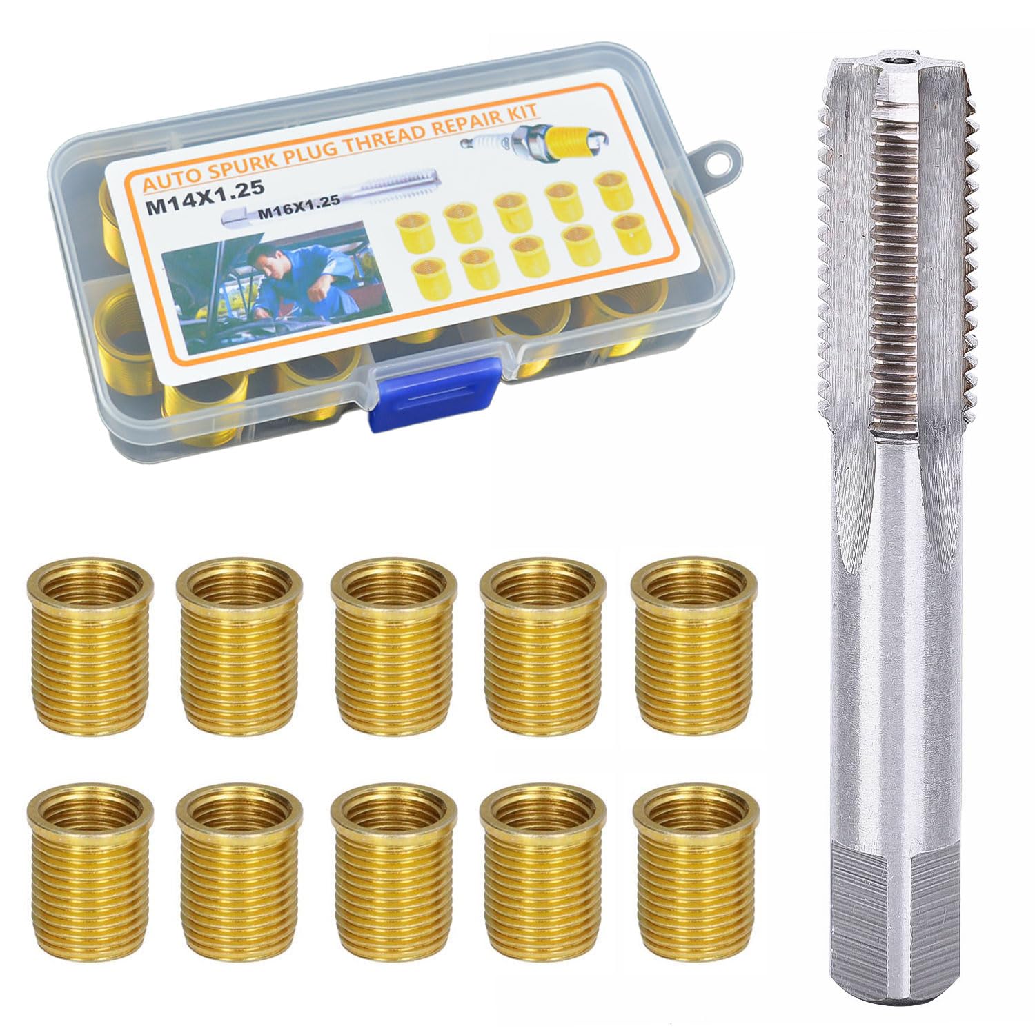 10 Pezzi Attrezzo per la Riparazione del Foro Filettato della Candela, M14 × 1.25 mm, con Rubinetto, in Metallo, per Motori a Benzina, Generatori, Motori Diesel (Oro)