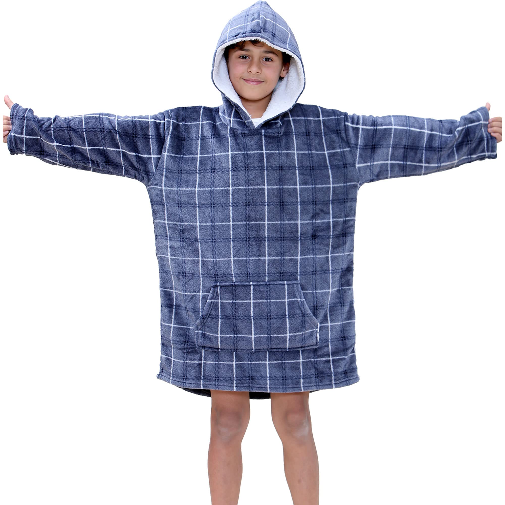 A2Z 4 Kids Oversized Hoodie Snuggle Blanket - Snuggle 955 Blue Tartan Kids