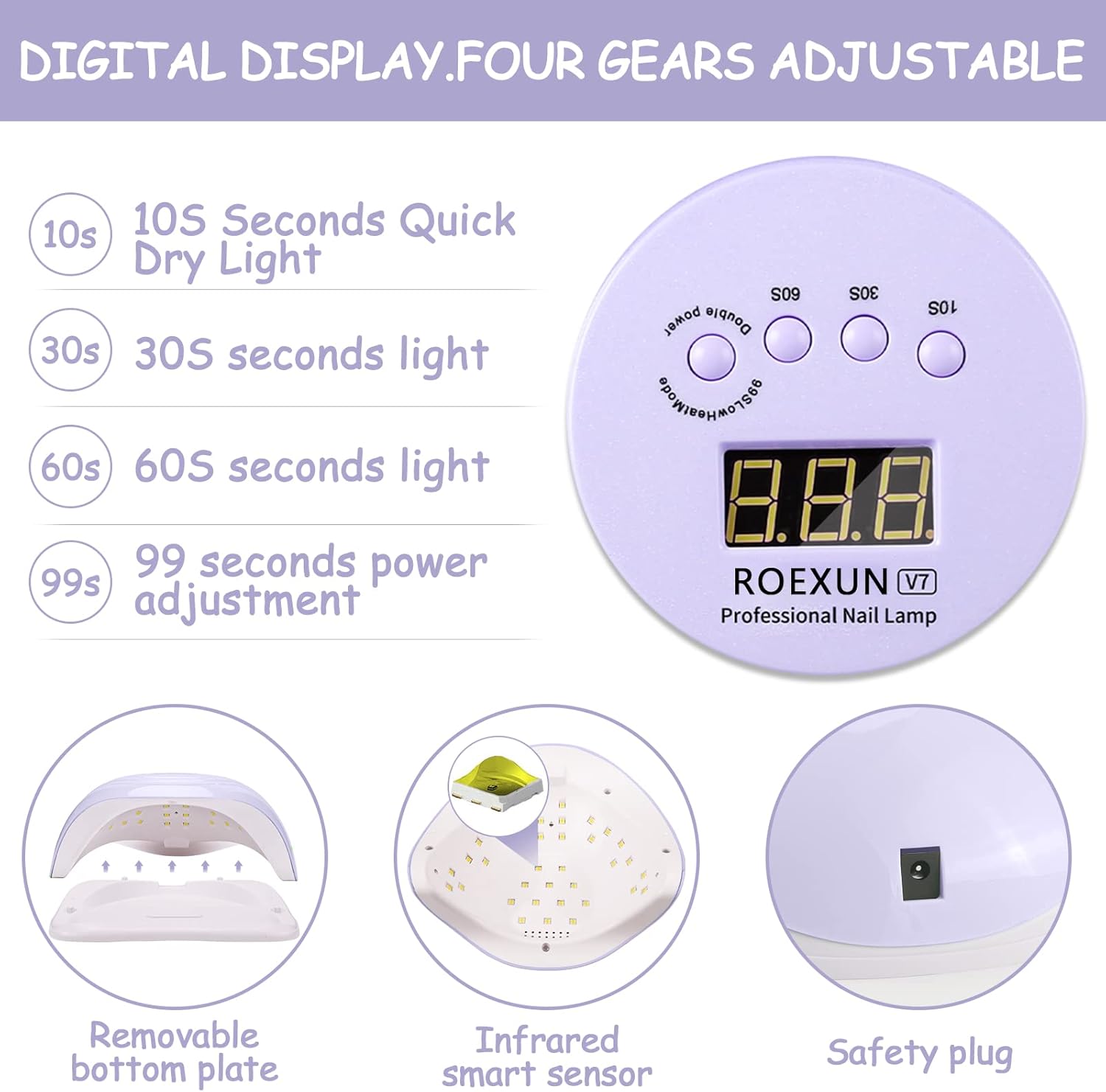 Digital display and four adjustable gears (10s, 30s, 60s, 99s) for the ROEXUN 168W UV LED Nail Lamp