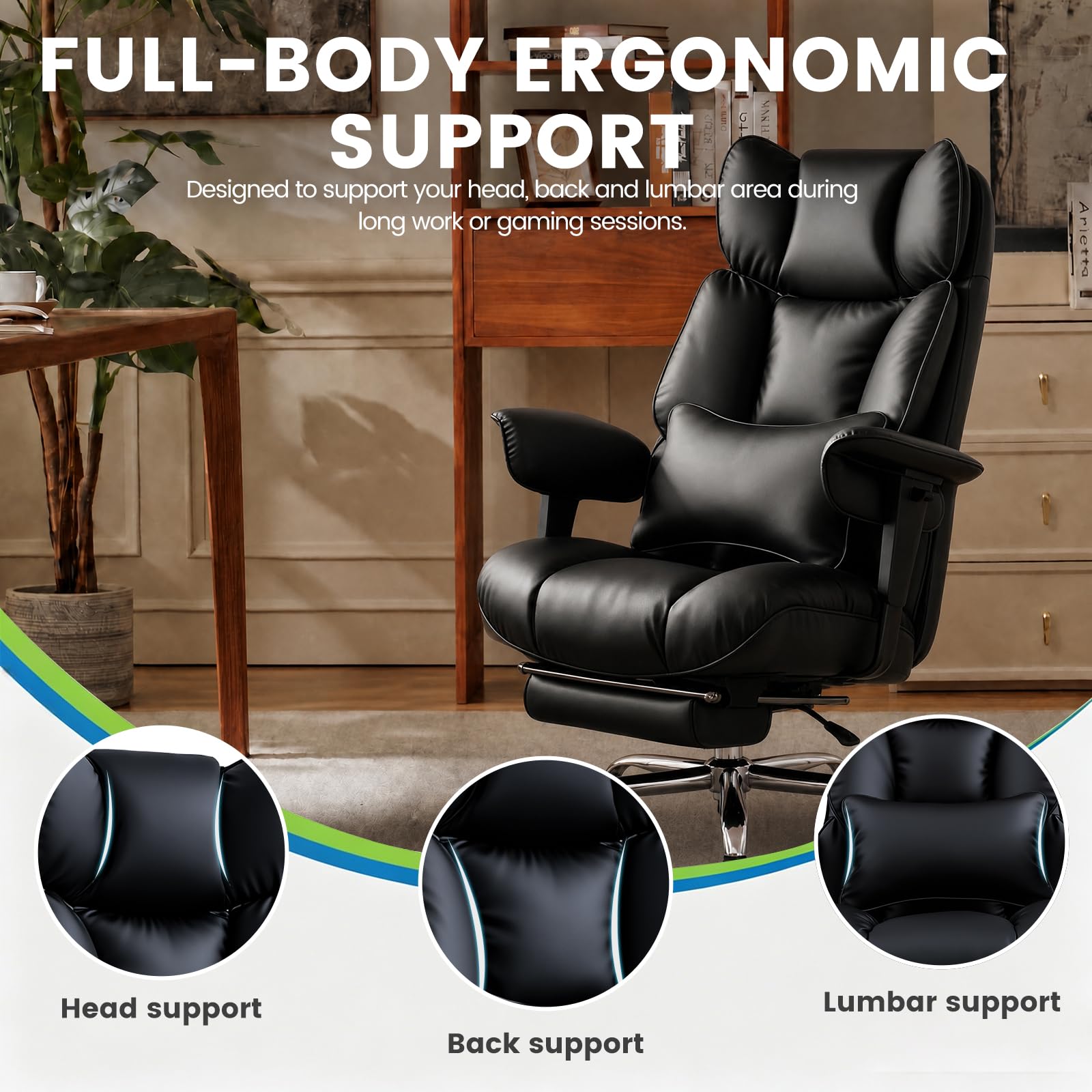 Efomao Ergonomiczny Fotel Biurowy z Podnóżkiem, Regulowany Fotel Obrotowy do Komputera z Wysokim Oparciem, Podparciem Lędźwiowym, Zagłówkiem i Funkcją Odchylania, do Domu i Biura