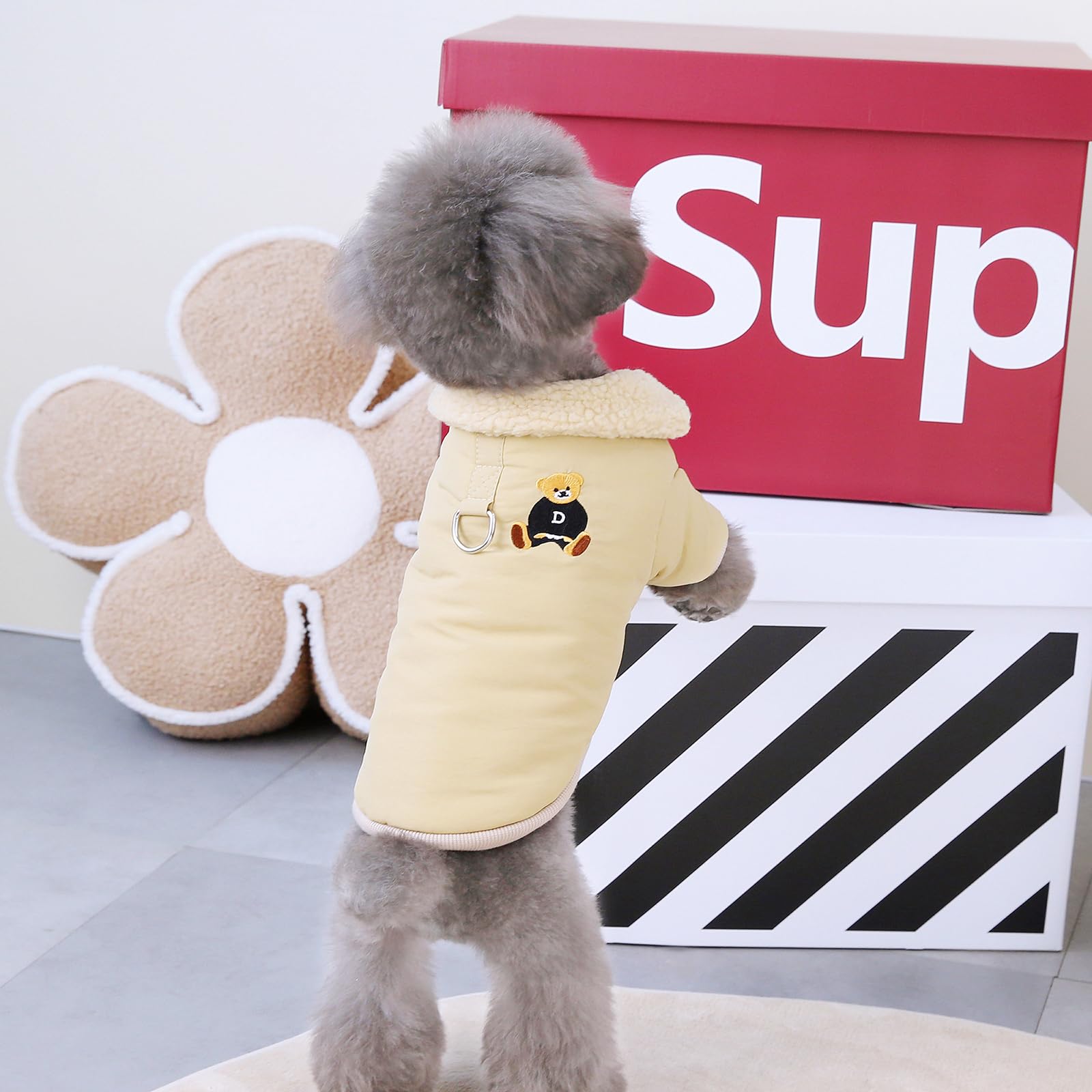 Izefia Dog Coat Cold Weather Coats Windproof Jacket Fleece Warm Sweater Winter Thick Clothes Vest Fleece Collar Bear Print Coat for Small Dog Medium Cat Khaki XL - Image 3