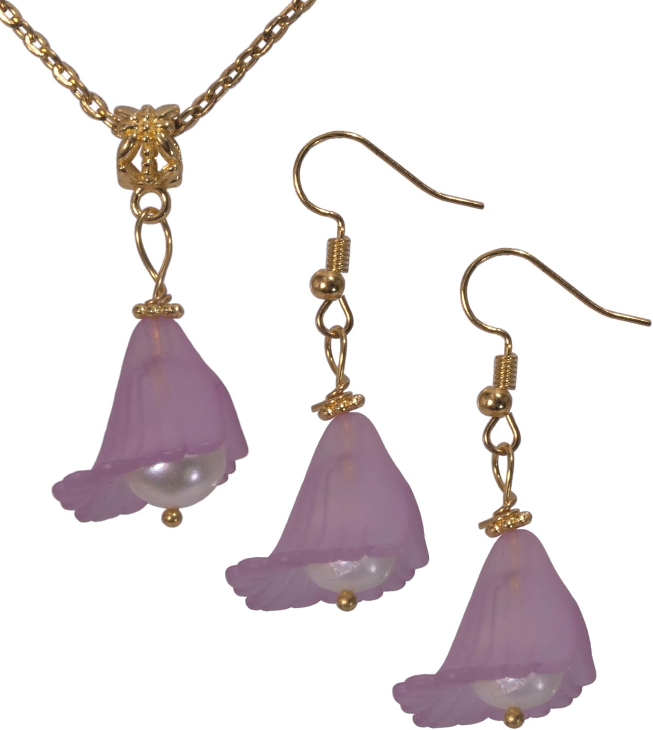 Set, Calla Lily Lavender Acrylic with Freshwater Pearl Gold Plated Charm Earrings+ Pendant + CHAIN +GIFT BAG