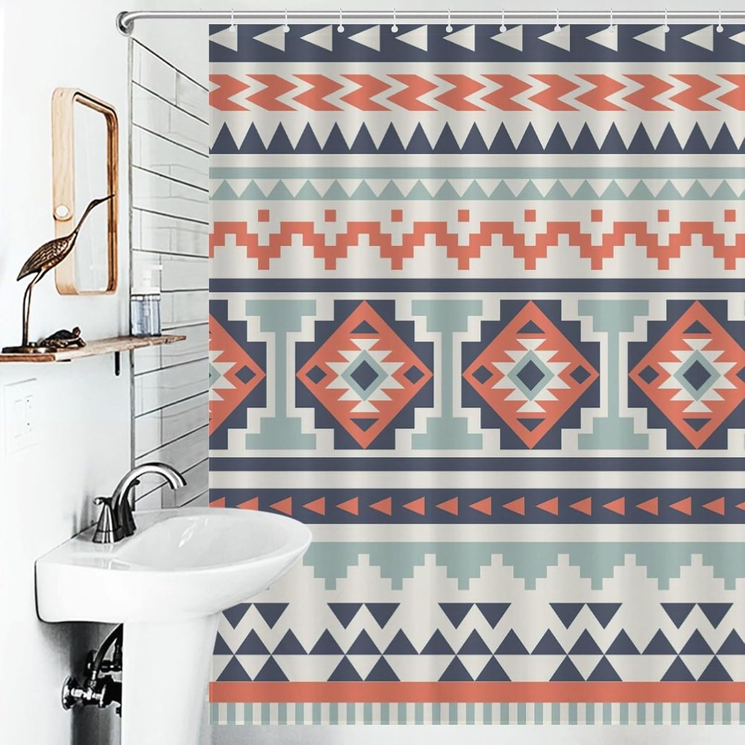 Aztec Shower Curtain, Abstract Geometric Tribal Navajo Ethnic Native Vintage Shower Curtain Sets for Bathroom Fabric Bath Curtain 12 Hook 66x72in（168x183cm）
