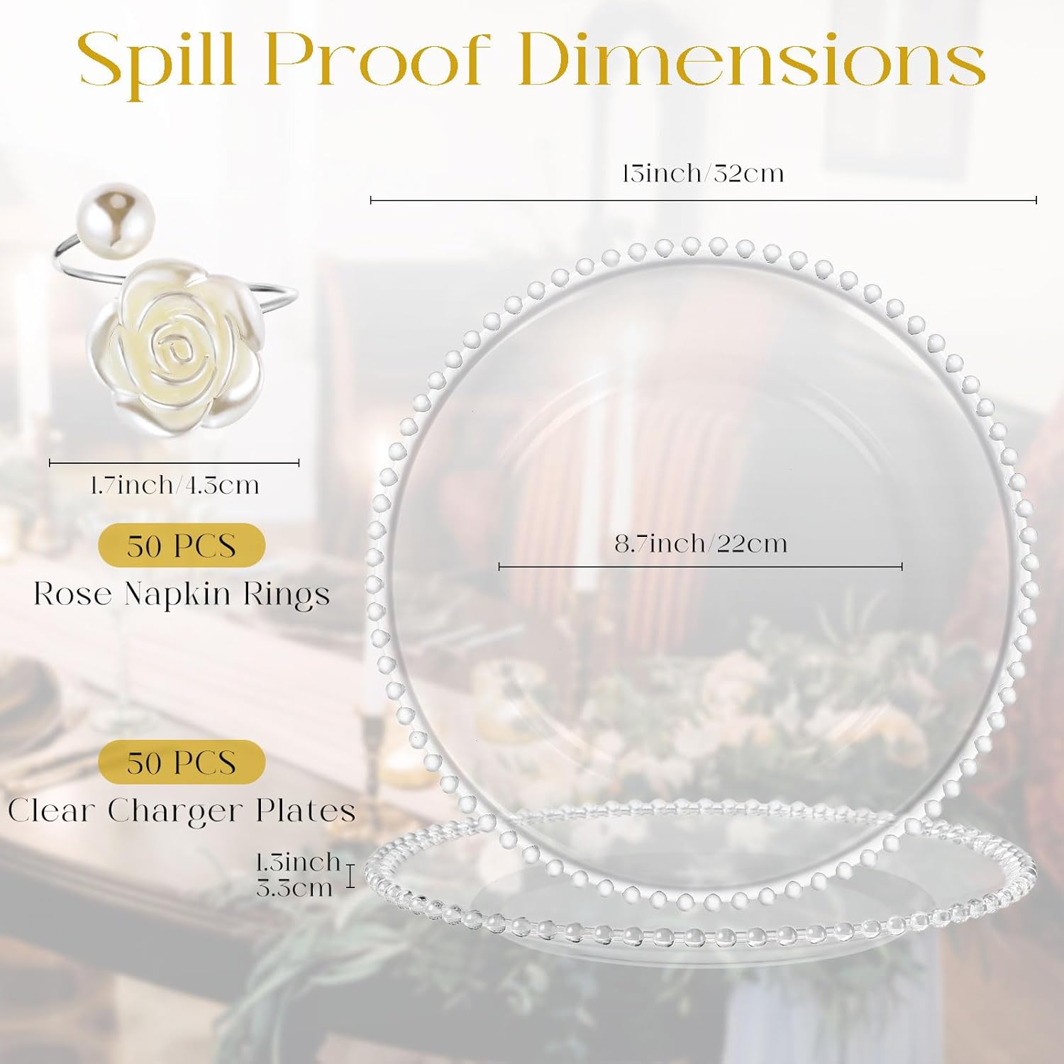 Tioncy 50 Set Clear Silver Charger Plates and Napkin Rings Bulk Beaded Charger Plates 13 Inch Plastic Round Table Decoration for Dinner Wedding Party Event