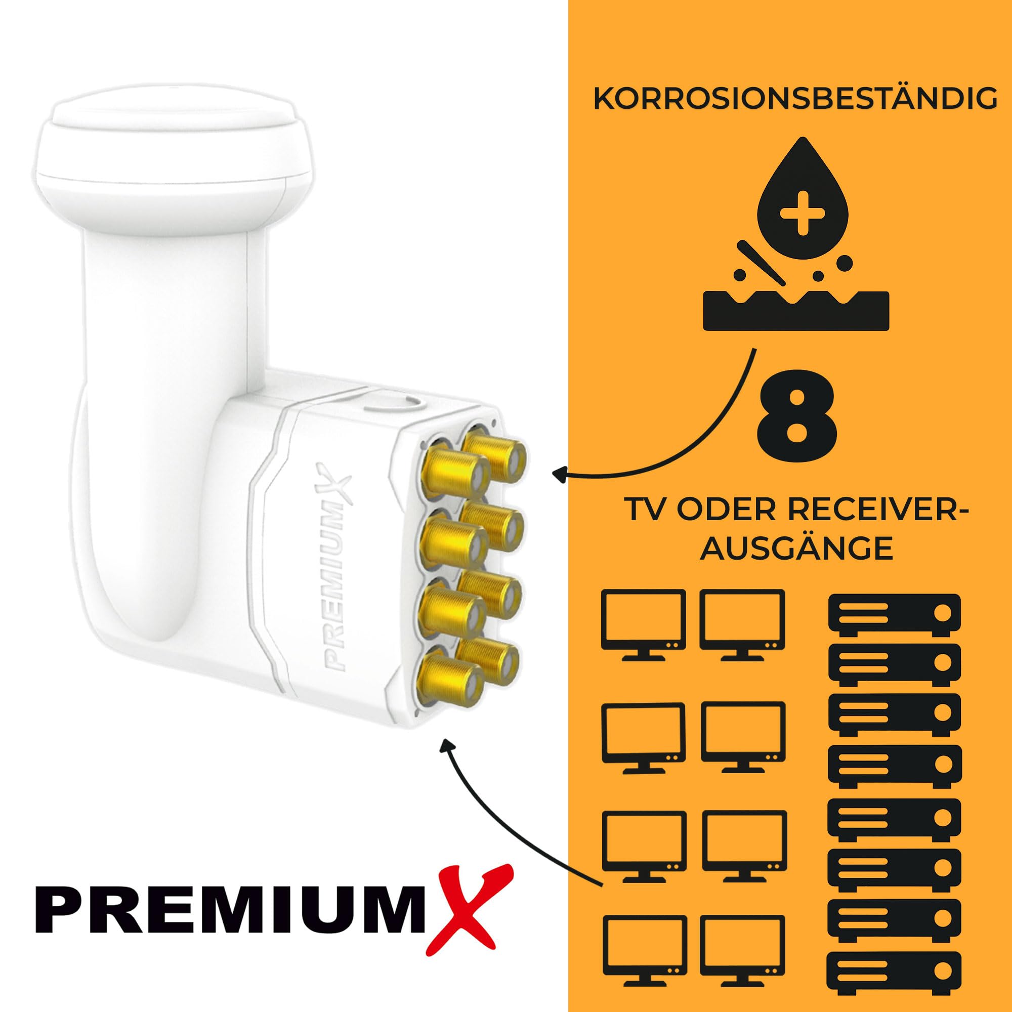Premium X Octo LNB Collegamento Diretto Bianco 8 utenti Ricevitore Convertitore di Segnale TV satellitare HD 4K incl. 16x F-Plug in Oro con Anello di Tenuta