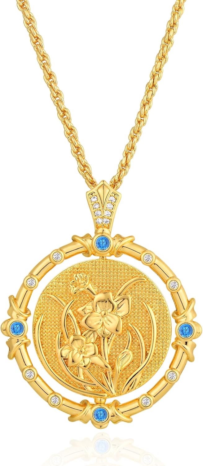MTMY Birth Flower Necklaces for Women 14K Gold Plated Birth Flower with Birthstone Chunky Reversible Rotatable Disc Pendant Necklaces Jewelry