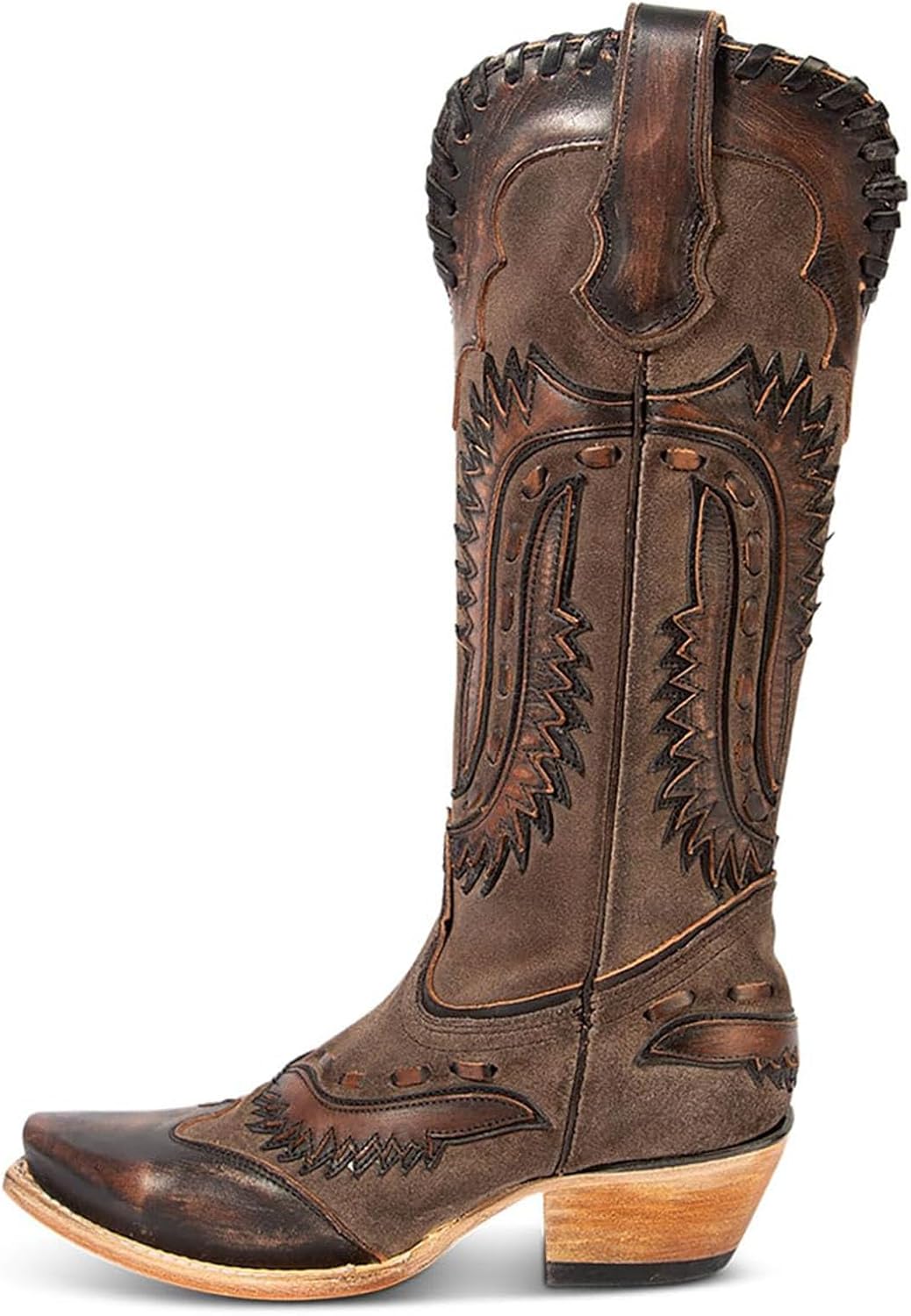 Yishaweiqi Embroidered Cowboy Boots for Women Mid Calf Cowgirl Boots Side Zipper Chunky Heel Snip Toe Knee High Western Boots