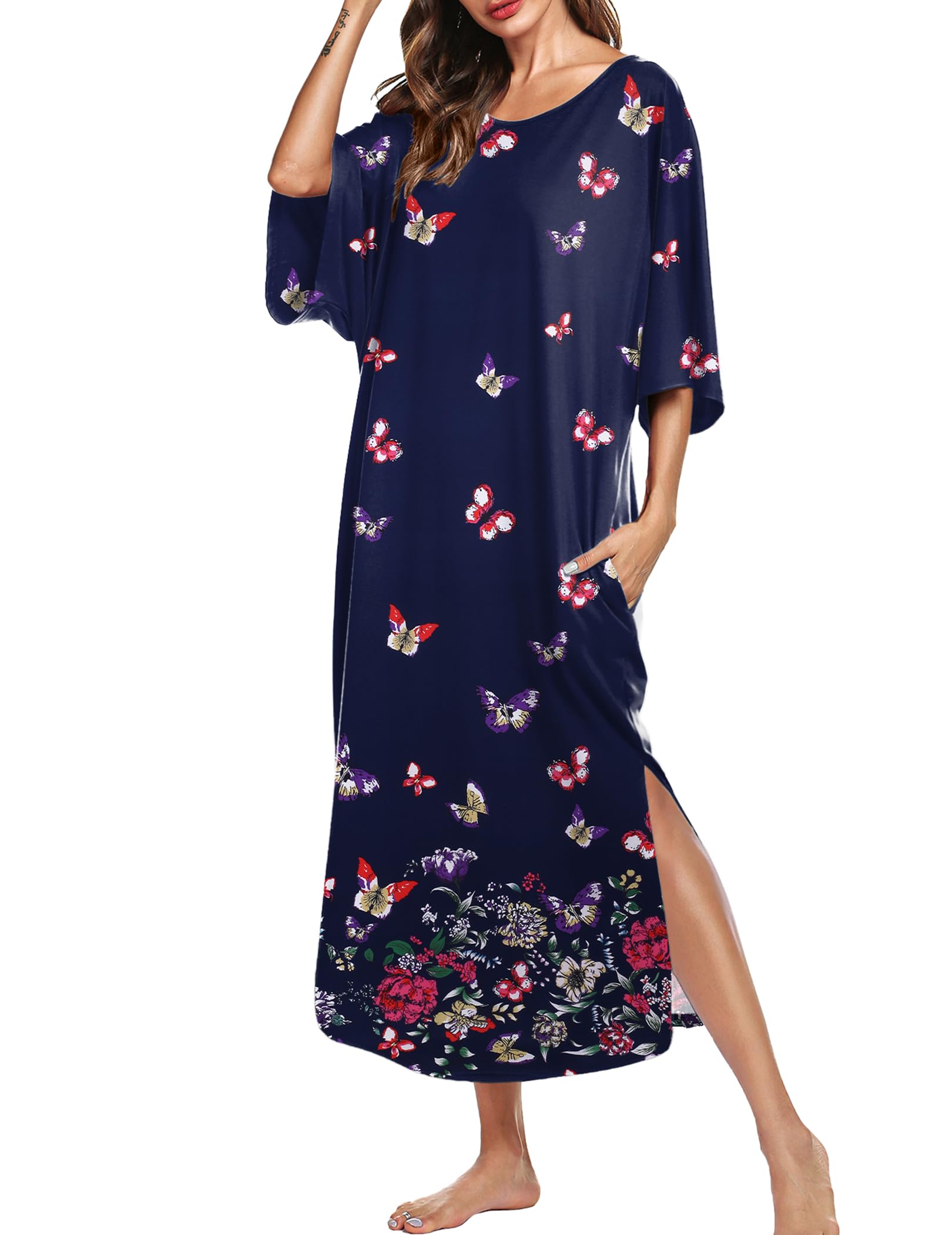 Ekouaer Long Nightgowns for Women Short Sleeve Night Gowns with Pockets | Casual Maxi Lounge Dress, Round Neck Sleep Dress, Plus Size House Dress, Side Split Sleepshirts for Lounging, Home, Party