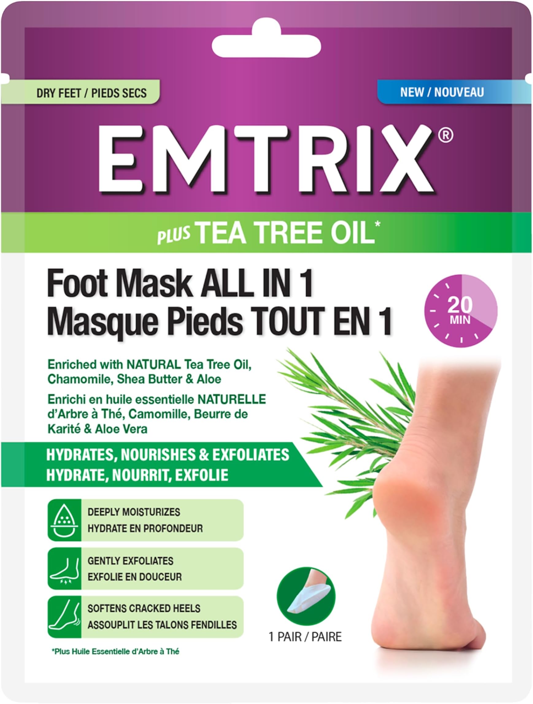 Foot Mask Socks All in 1, Moisturising Foot Mask with Natural Tea Tree Oil, Designed to Hydrate, Exfoliate & Soften Cracked Heels in 20 Minutes for Baby Soft Feet - (1 Pair)