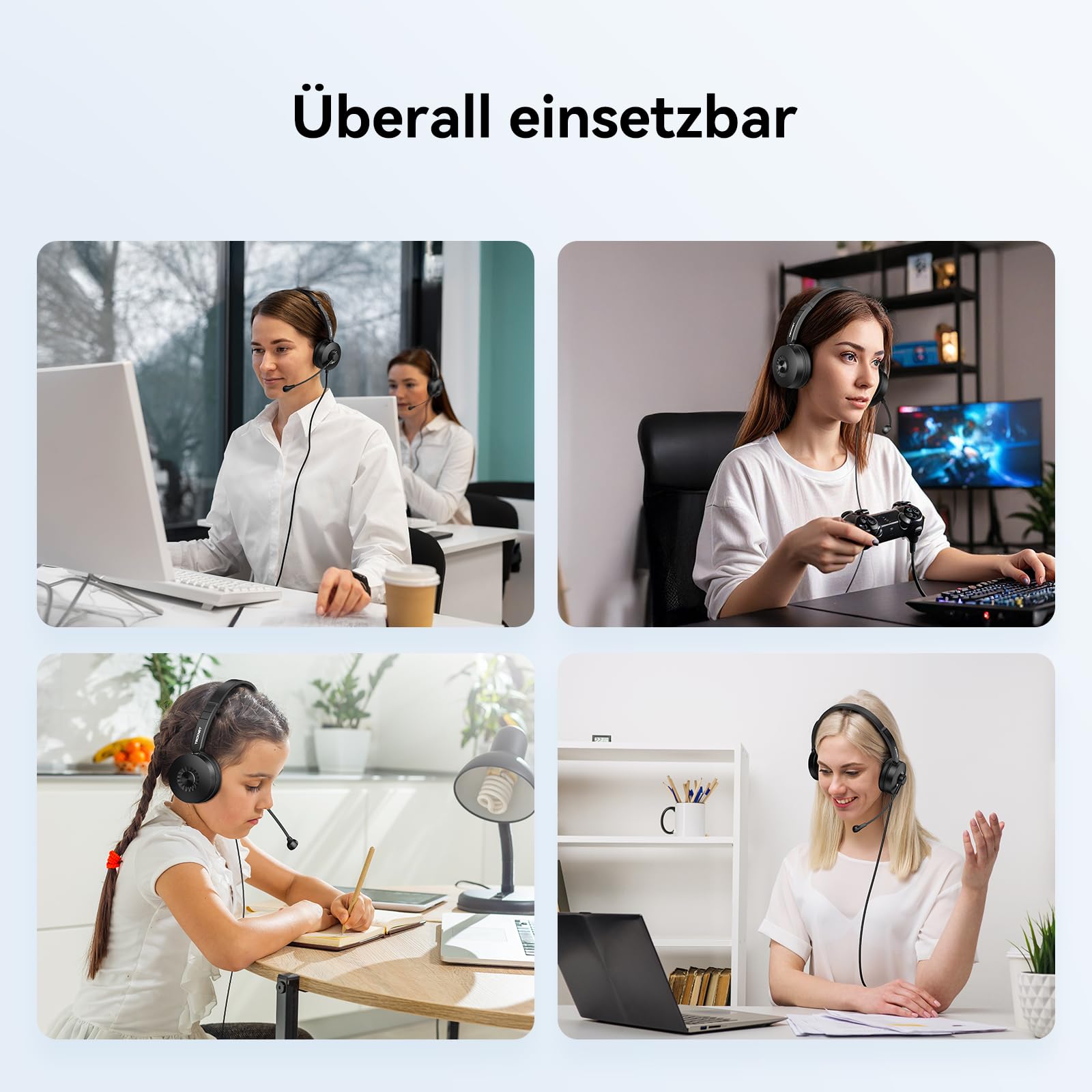 TECKNET Headset mit Mikrofon, USB Headset, kabelgebundenes PC-Headset, 2,0 m langes Kabel, Stereo-Kopfhörer für Skype, Teams-Meetings, Call-Center, Büroanrufe und Online-Konferenzen