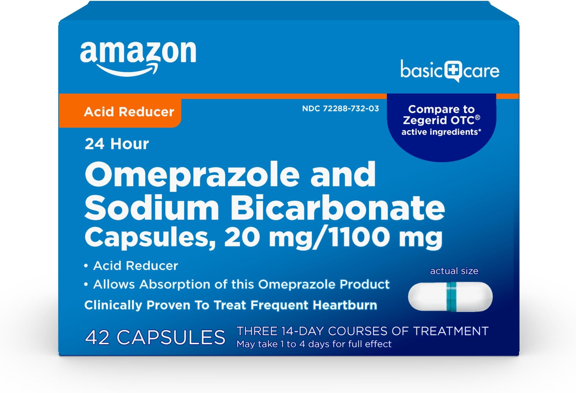 Amazon Basic Care Omeprazole and Sodium Bicarbonate Capsules, 20 mg/1100 mg, 24-Hour Acid Reducer, Frequent Heartburn Relief, 42 Count