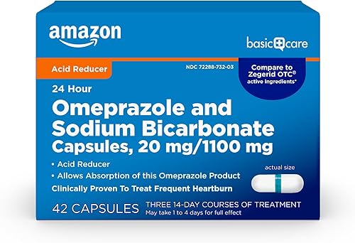 Amazon Basic Care Cápsulas de omeprazol y bicarbonato de sodio, 20 mg/1100 mg, medicamento frecuente para la acidez estomacal las 24 horas,