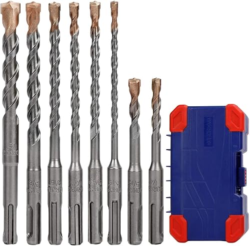 WORKPRO 8-Piece SDS-Plus Carbide Rotary Hammer Drill Bit Set for Concrete | Carbide Tip, SDS+ Rotary Hammer Drill Bit Set, Storage Case, Special Flute Design,For Brick, Cement, Stone & Concrete