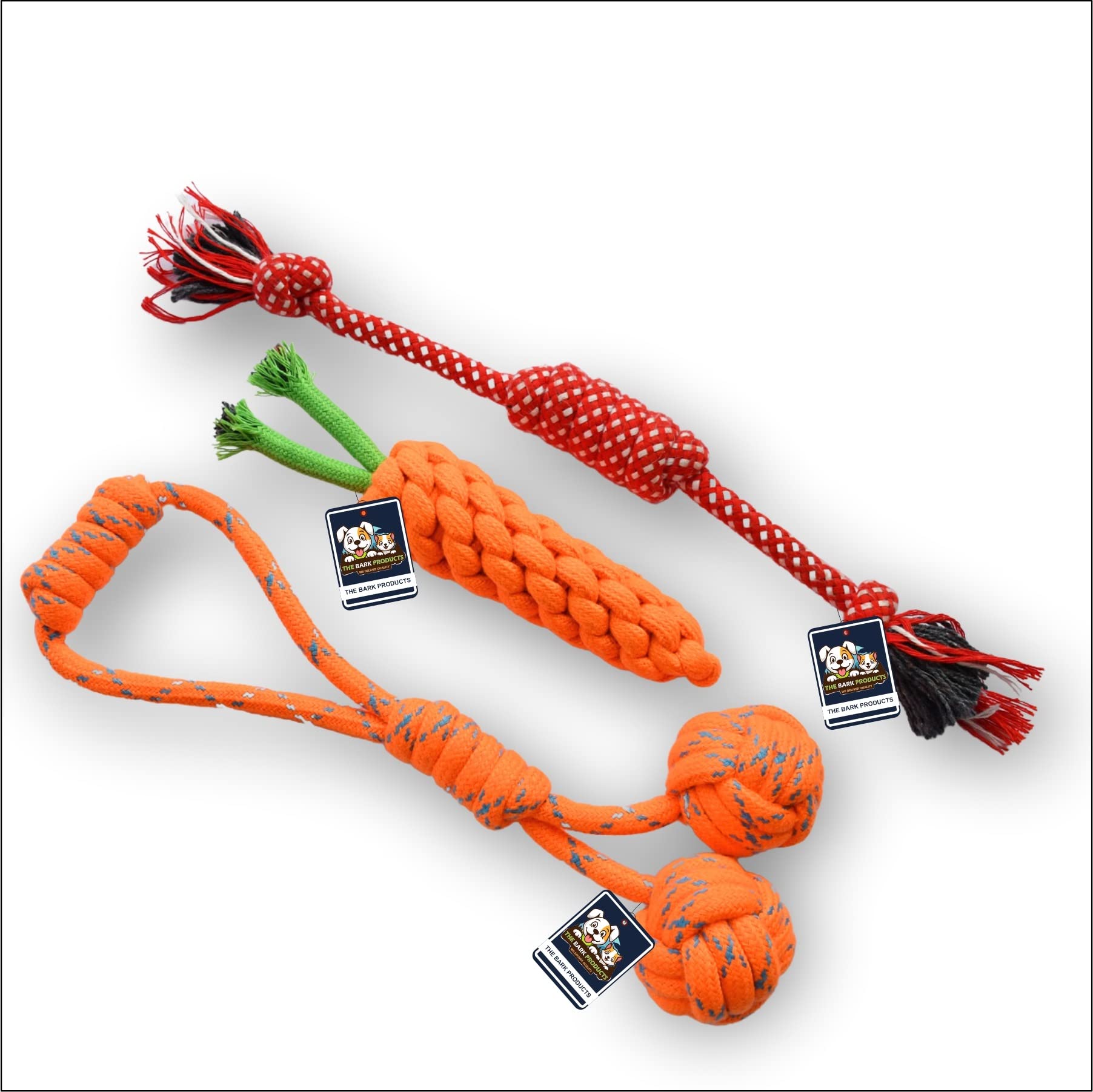 THEBARK PRODUCTS Heavy Duty Dental Dog Chew Toys(Rope Carrot + Rope Toffee + Handle 2 Knot 2 Ball)Durable Exceptional Attractive Vibrant Colors(Color May Vary)Set Of 3 (B0BKG9R19Z) Amazon Price History, Amazon Price Tracker