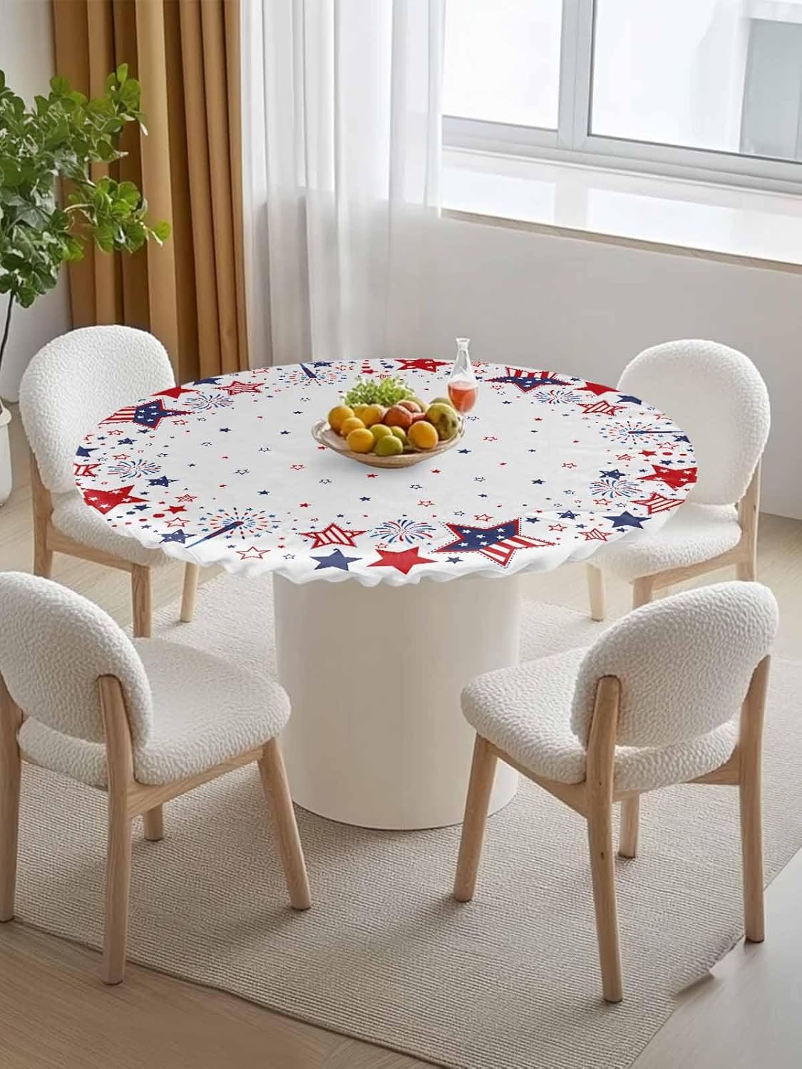 4th of July Round Tablecloth Fitted Elastic Edged Table Cover Red White and Blue Stars Firework American Flag Waterproof Oil-Proof Patriotic Table Cloth(Round Tight Fits Table up to 55"-60" Diameter)