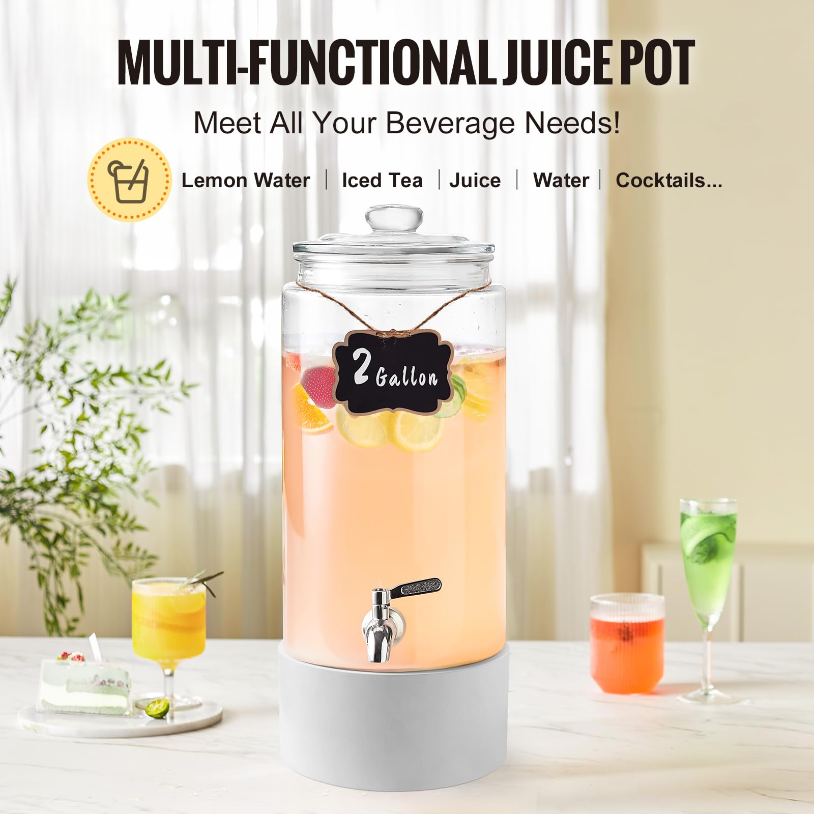 Deefongo Drankdispenser van glas met tapkraan, brede hals, glazen drankverdeler, standaard en roestvrijstalen kraan, voor feestjes, cocktails, sap, water en dranken, 2 stuks Deefongo Drankdispenser van glas met tapkraan, brede hals, glazen drankverdeler, standaard en roestvrijstalen kraan, voor feestjes, cocktails, sap, water en dranken, 2 stuks