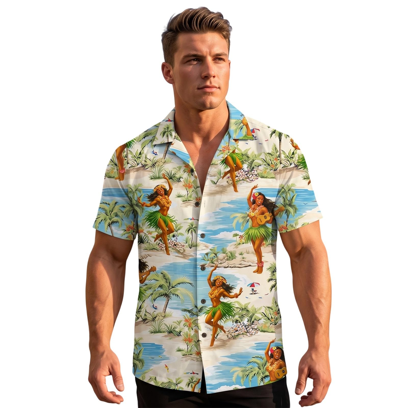 Camisa hawaiana personalizada para hombre con cara y nombre, camisa hawaiana de manga corta para hombre, bolsillo delantero, vacaciones, verano, flamencos, flores, estampado de playa, camisa