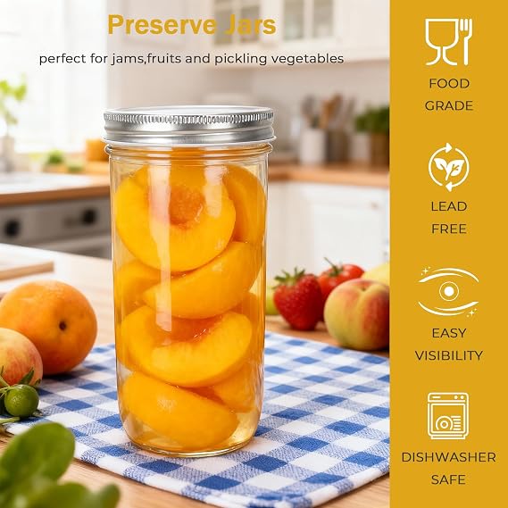 24 oz Mason Jars with Silver Lids and Bands, 6 Pack