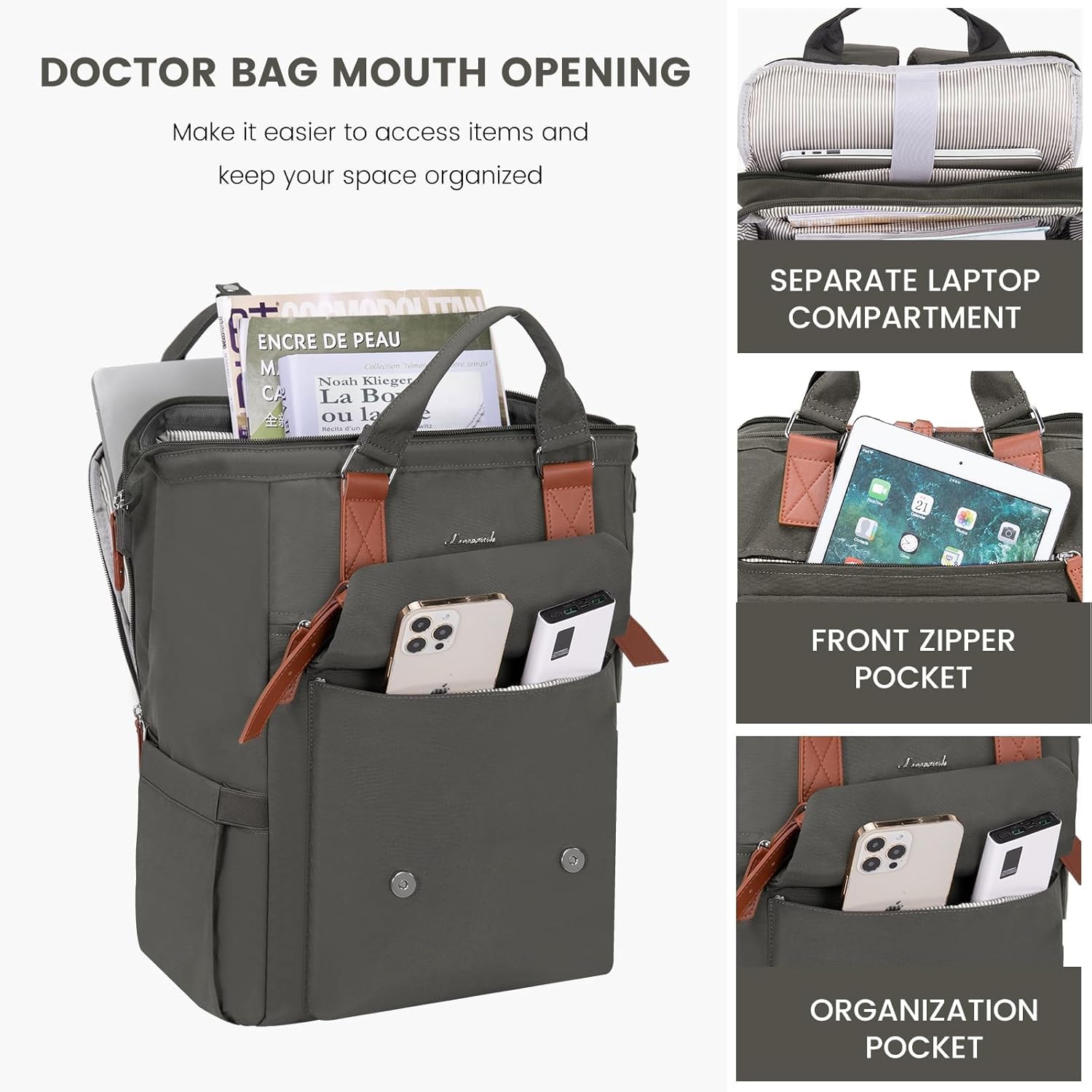 LOVEVOOK Laptop Backpack, Travel Bag with 17.3 inch Laptop Compartment, Water Resistant Teacher Nurse Doctor Work Bag, Anti-theft Daypack, Dark Grey Brown - Image 4