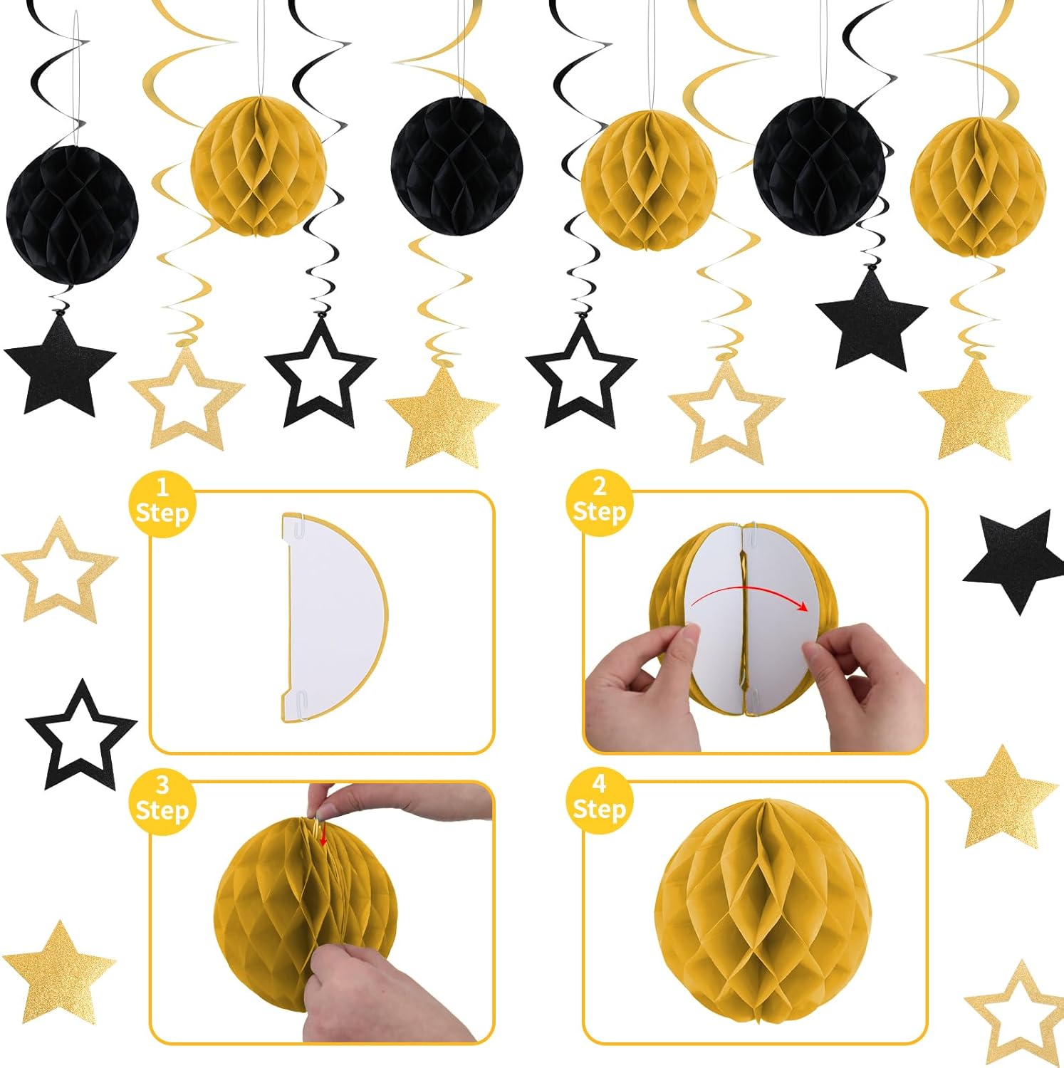 LARDUX 5 Senses Gift Bags for Him With Labels, Five Senses Gift Bags with Tissue Paper, Rose Petals and Happy Birthday Banner, Stars Hanging Swirl for Birthday Party Decorations( Black Gold) - Image 5