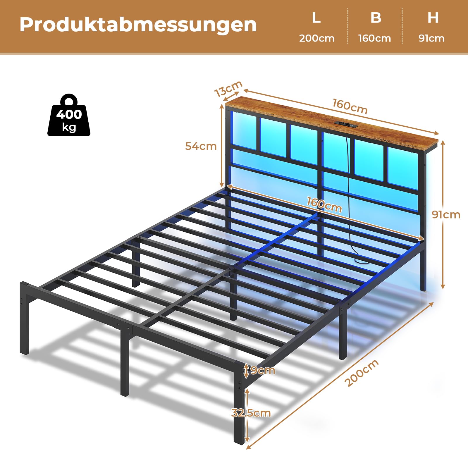 Brinlawb Bett 160x200 mit Lattenrost aus Metall, Bettgestell 160x200cm mit LED Beleuchtung, Ladestation (2 AC-Steckdosen,2 USB-Anschlüsse) Metallbett 160x200 cm mit Kopfteil und Stauraum Doppelbett
