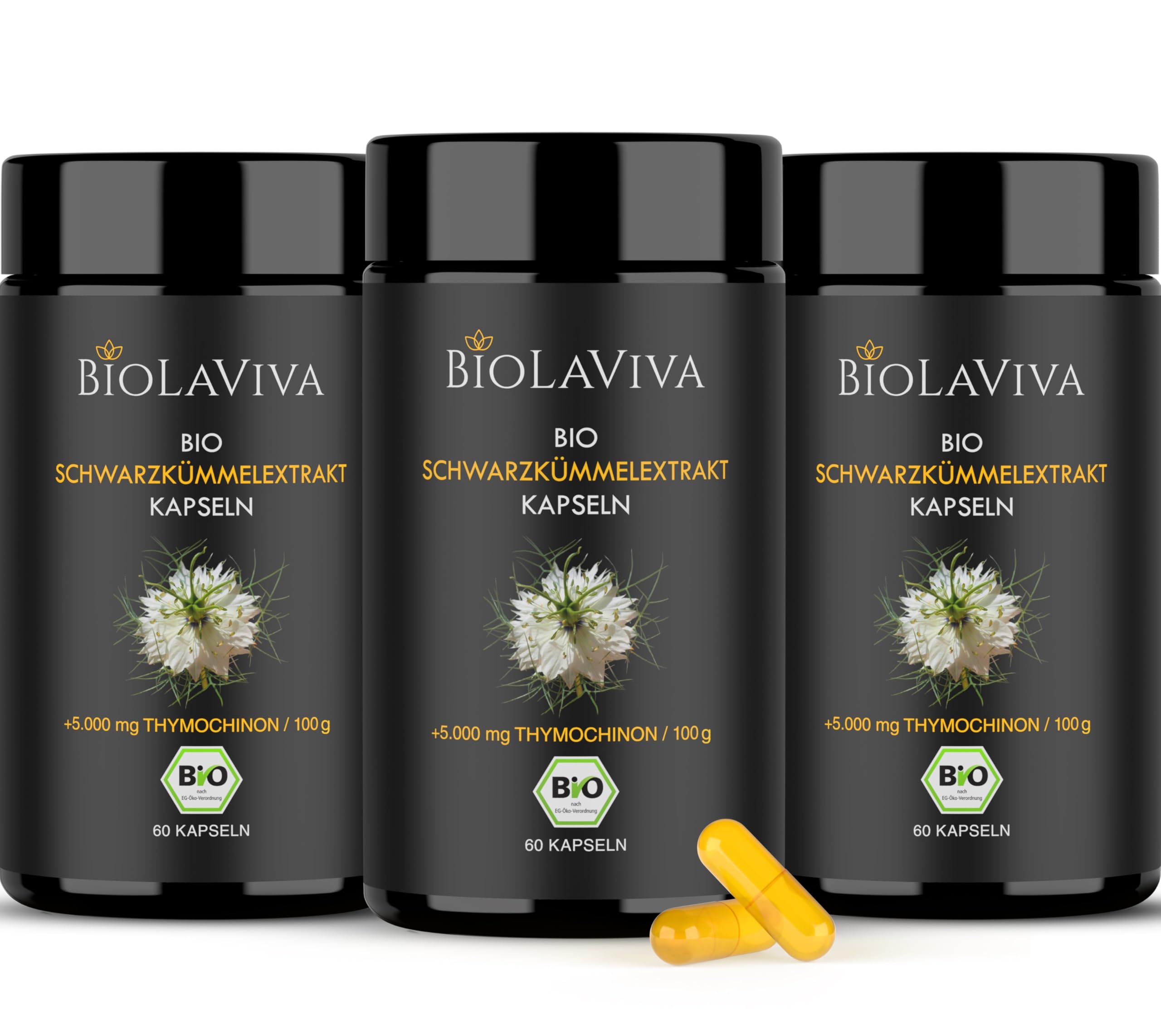 Premium BIO Schwarzkümmelöl Kapseln hochdosiert – 5000 mg Thymochinon – 3 x 60 vegane Kapseln 6-Monats-Vorrat – Nigella sativa, laborgeprüft & in Deutschland hergestellt–lichtgeschütztes Violettglas