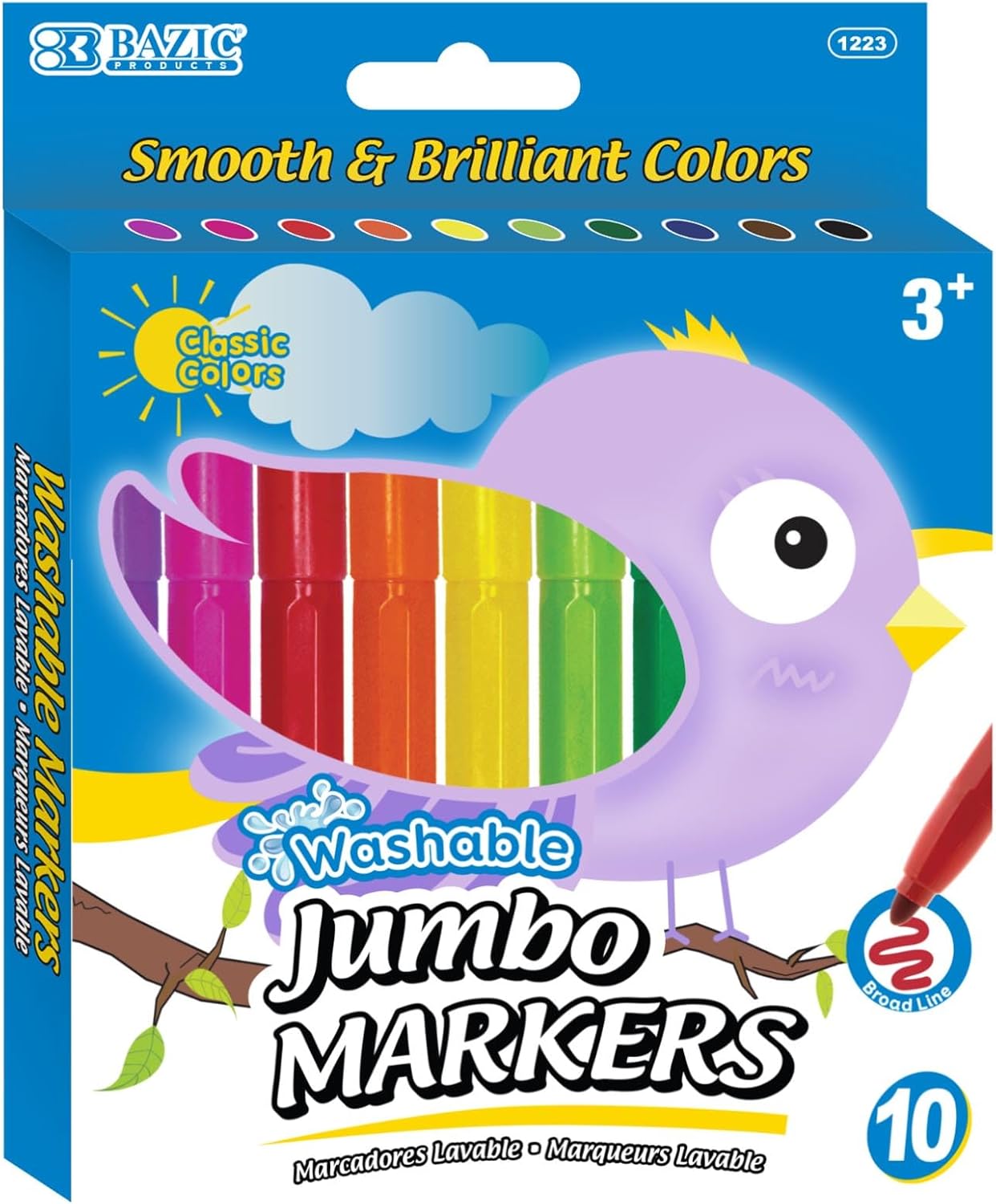 BAZIC PRODUCTS Washable Markers Broad Line 10 Color Jumbo Size Coloring Marker, Non Toxic Marcadorc Art, Gift for all Ages (10/Pack), 144-Packs