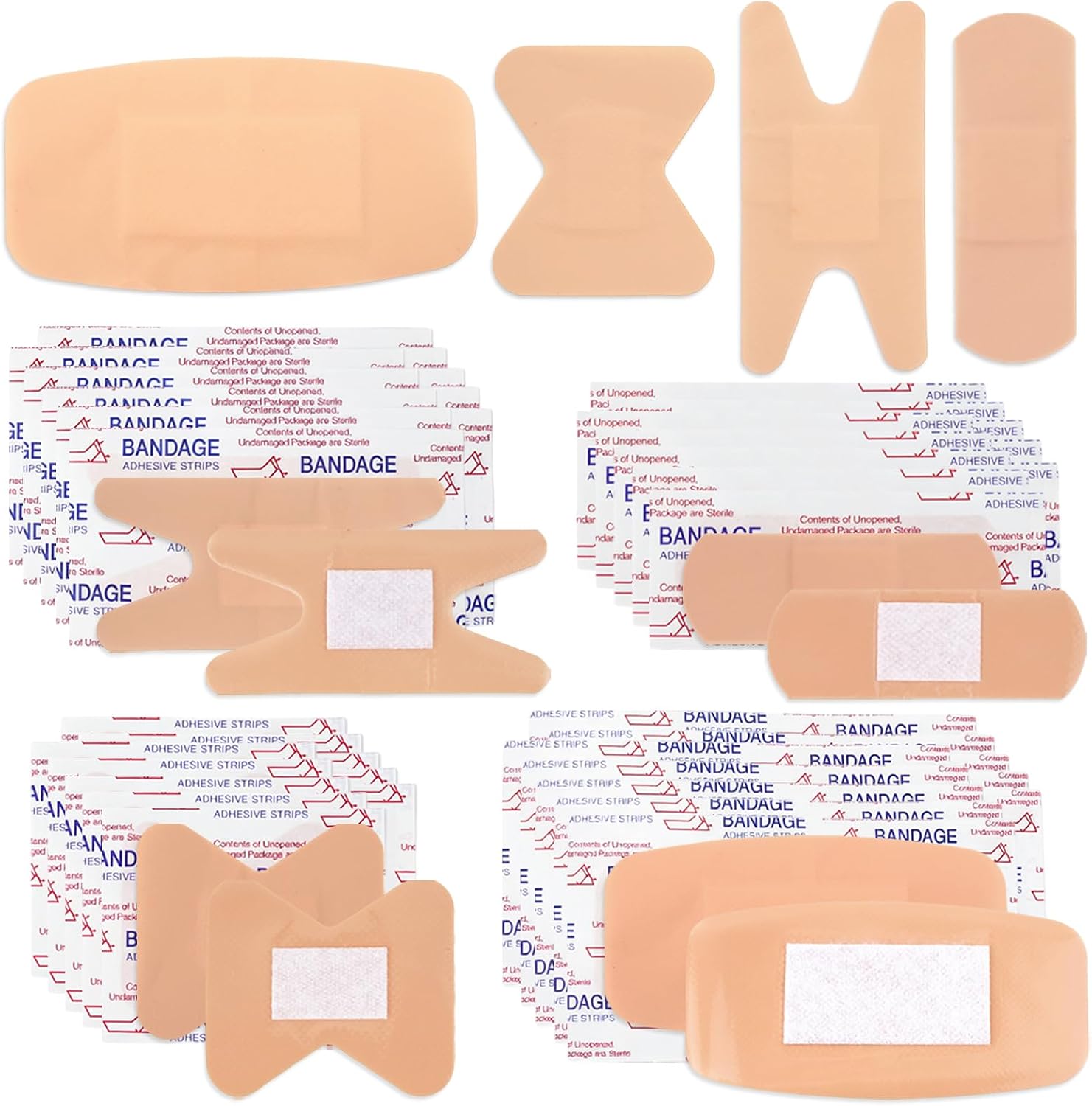 Bandages Variety Pack 200Pcs Flexible Fingertip Bandages Bulk Assorted Large Adhesive Bandage for First Aid & Daily Minor Wound Care Including Slight Cuts, Scrapes & Abrasions (4 Styles)