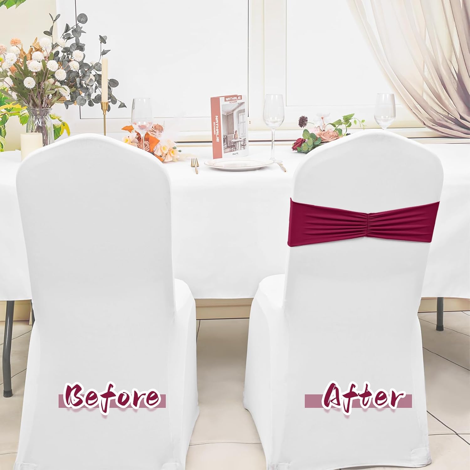 100 PCS Spandex Chair Sashes Bands Stretch Chair Bow Tie Bands Without Buckle Burgundy Elastic Chair Cover Bands Sashes for Wedding Birthday Party Baby Shower Banquet Events Decorations