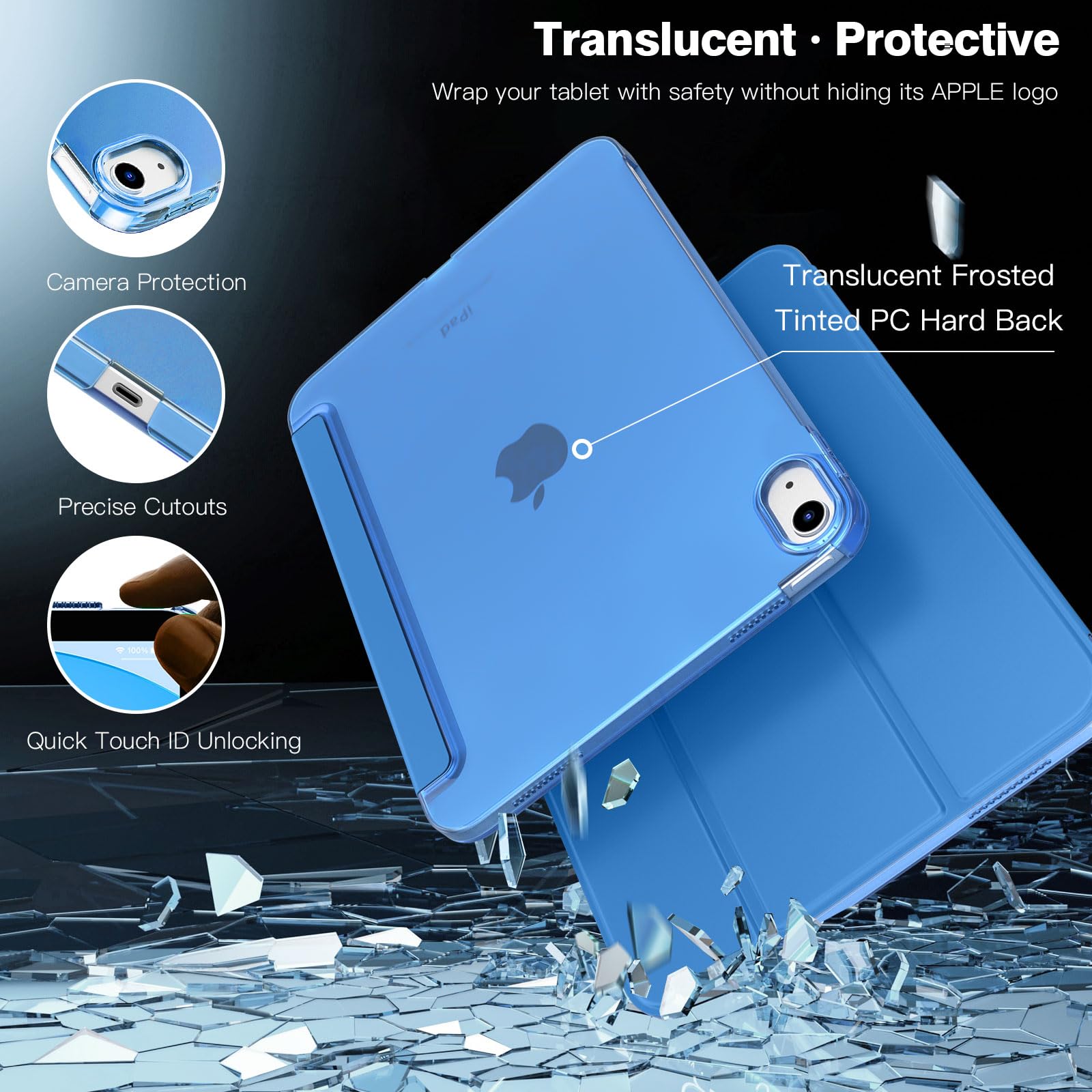 TiMOVO Cover Custodia Compatibile con iPad (A16) 11 Generazione 11 Pollici 2025/iPad 10 Generazione 10,9" 2022, Retro in PC Rigido Semi-Trasparente, Auto Sveglia/Sonno, Onda Blu