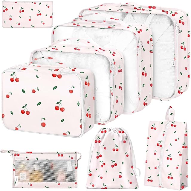 Packing Cubes for Travel, Packing Cubes with Shoe, Cosmetics, Clothing,and Accessories Bags, Travel Cubes for Packing Suitcase Organizer for Women Men, Cherry, Large