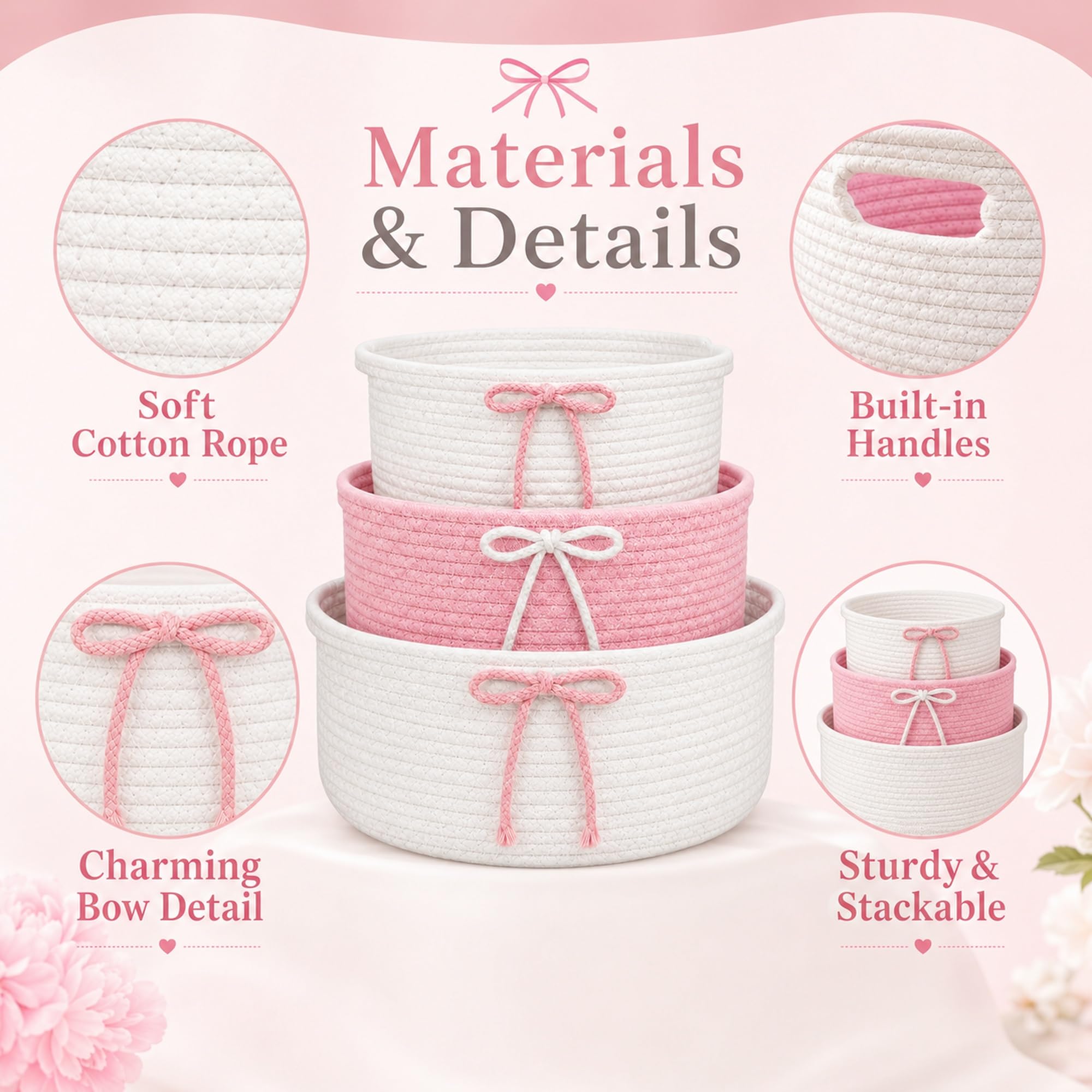 Set di 3 cestini intrecciati con manico, rosa, 3 misure, per decorazioni, organizzazione, bagno, camera dei bambini, soggiorno