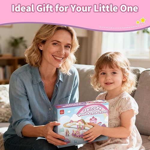 Miniatura 6 de Lehoo Castle Juego de tren de madera, juego de tren para niños pequeños de 2 a 4 años, pista de tren de madera para niñas, juguetes de unicornio