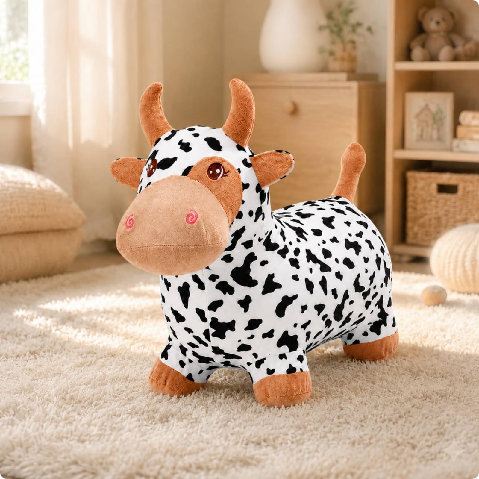 Mucca Saltente di Peluche Soffice Giocattolo da Cavalcare a Forma di Mucca Leggero Saltatore per Gioco Indoor