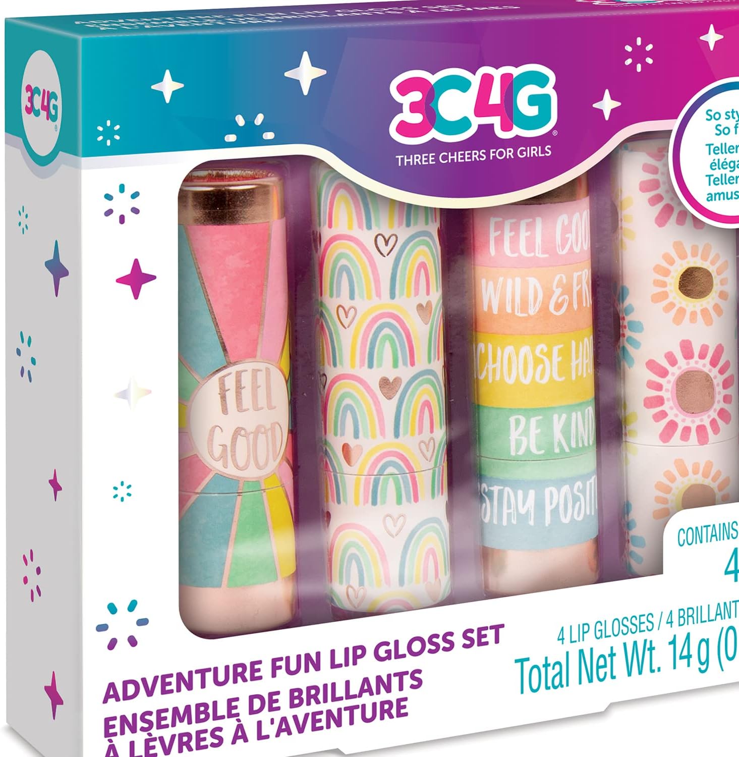Make It Real 3C4G: Adventure Fun: Lip Gloss Set - 4 Piece Scented Lip Gloss Sticks, Cherry-Peach-Grape-Strawberry,On The Go for Adventurous & Stylish Tweens & Girls, Three Cheers for Girls, Ages 8+