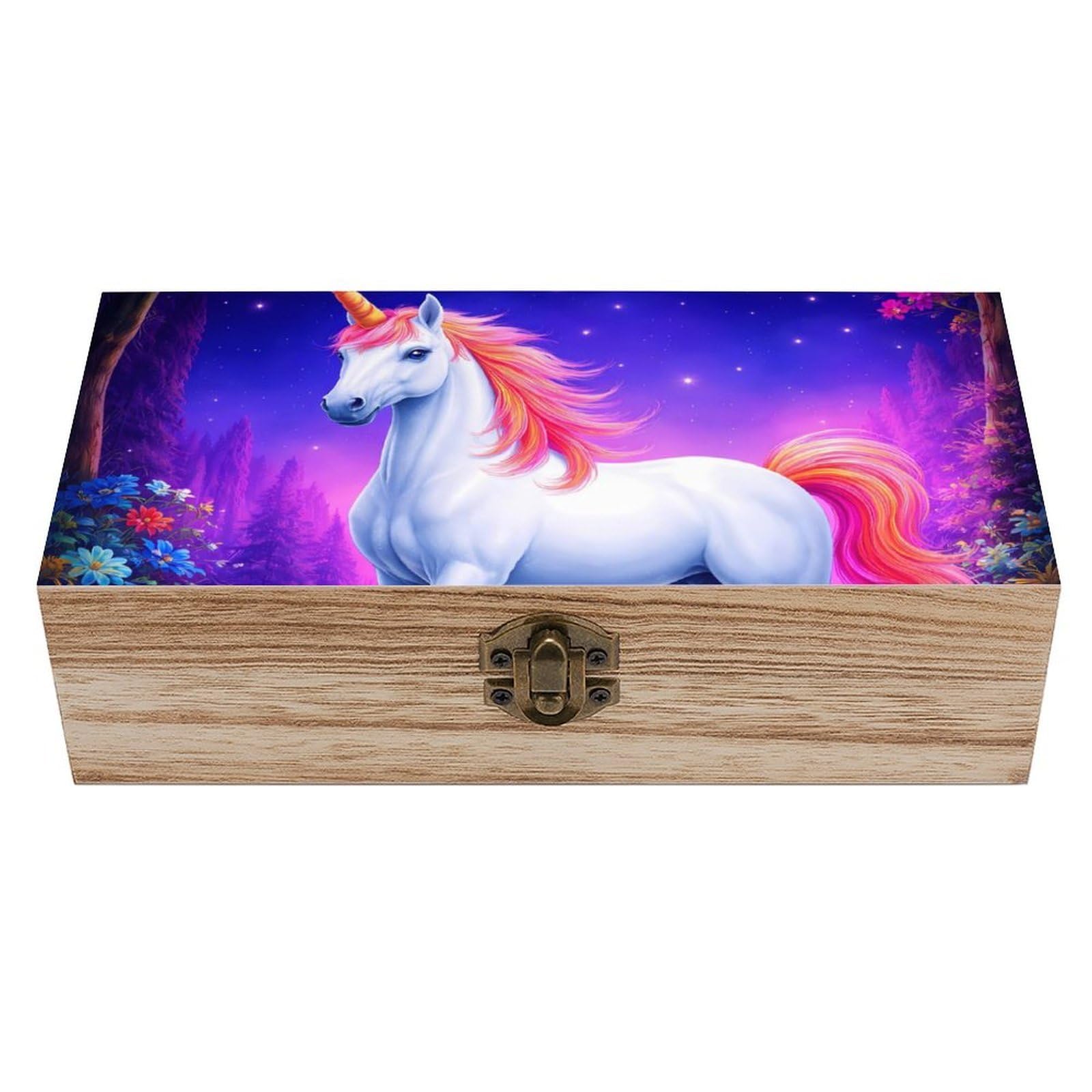SMAZDFXX Magical Unicorns Arts Wooden Storage Box With Hinged Lid Decorative Front Clasp Keepsake Boxes