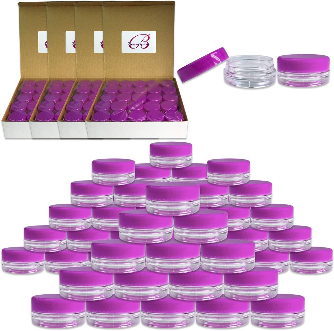 (500 Pieces Jars + Lid) Beauticom 3G/3ML (0.1 oz) Round Clear Jars with PURPLE Screw Cap Lids for Scrubs, Oils, Toner, Salves, Creams, Lotions, Makeup Samples, Lip Balms - BPA Free