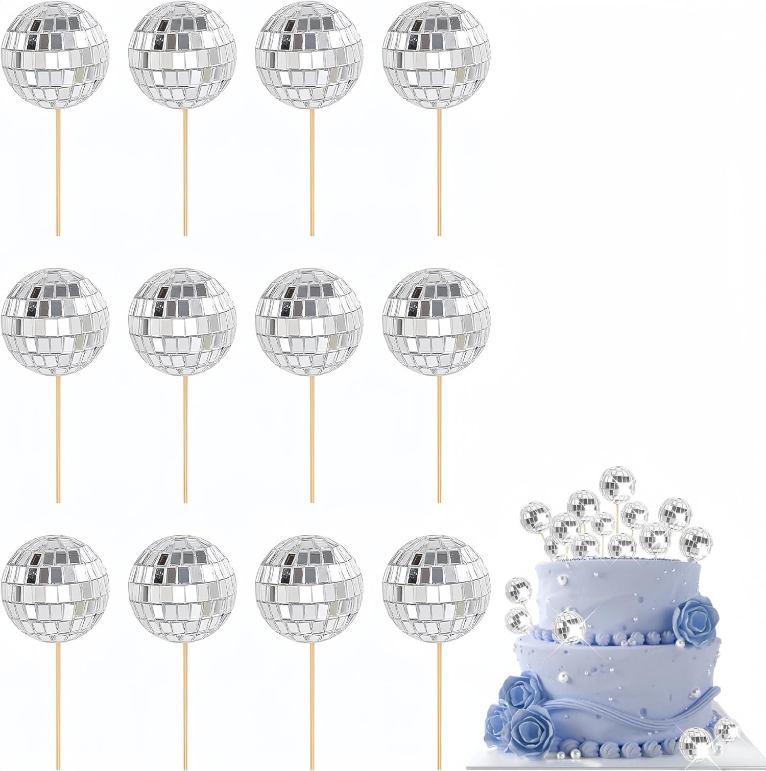 SHSHbuy 12pcs Disco Ball Cake Toppers,1970s Disco Theme Cake Decoration with Stick,Cupcake Toppers Cake Picks for Birthday Anniversary Disco Retired Theme Party 70s Party Supplies (Silver)