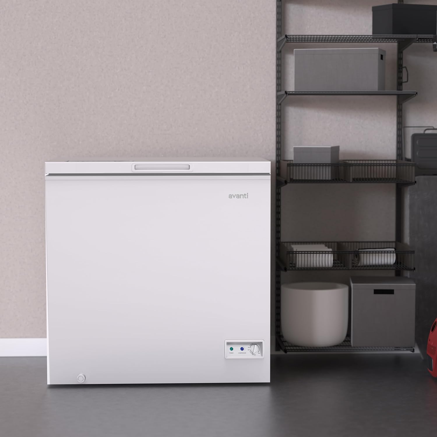Avanti 7.0 Cu. Ft. Garage Ready Chest Freezer with Flip-Up Lid, Removable Storage Basket, External Temperature Control, Manual Defrost, and Power Indicator Light. 7.0 cu.ft., White