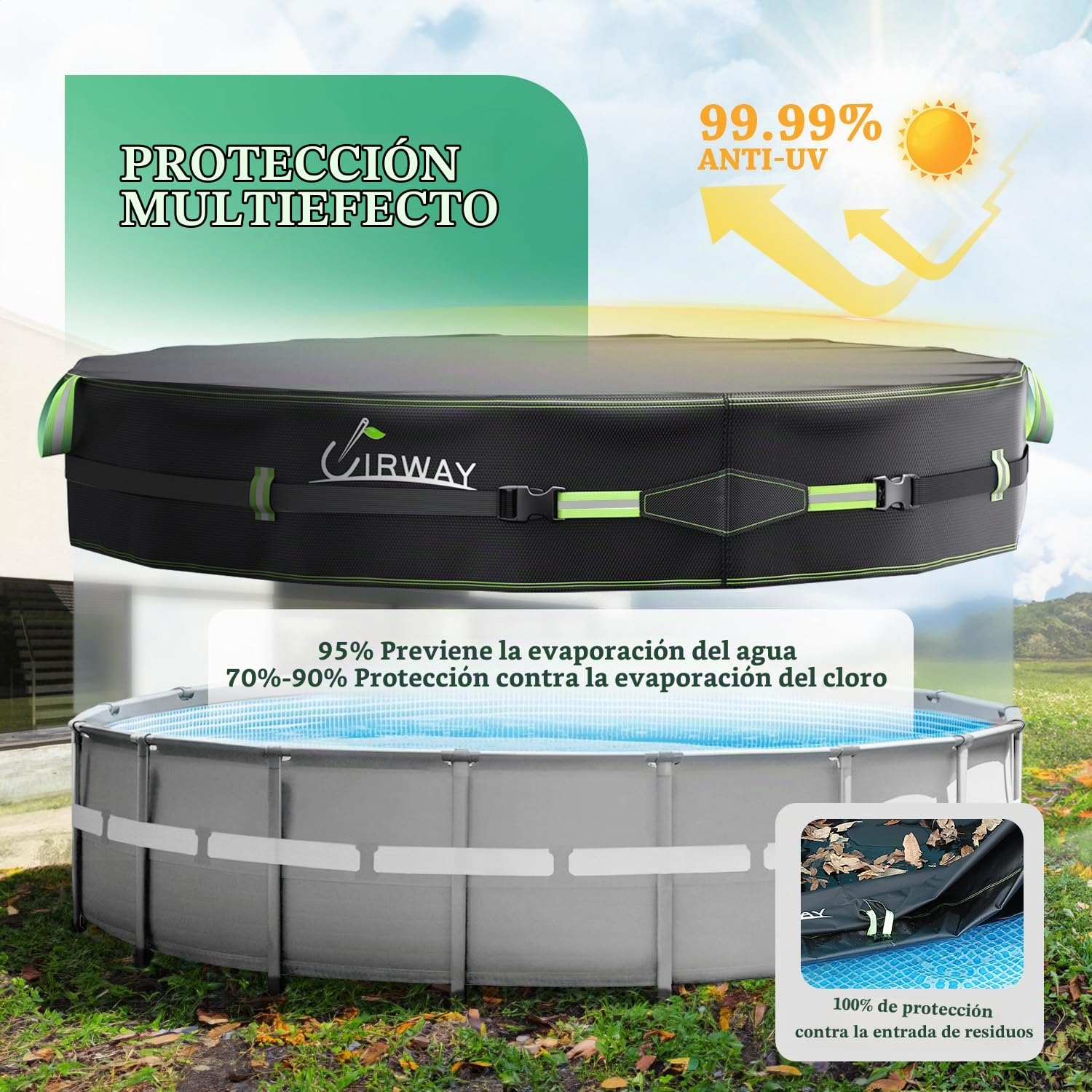 UIRWAY 500D Cubierta de piscina redonda de 548 cm [Lona resistente mejorada en 2025] Lona para piscina con protección UV, correas tensoras superresistentes al viento con revestimiento de gel, lona