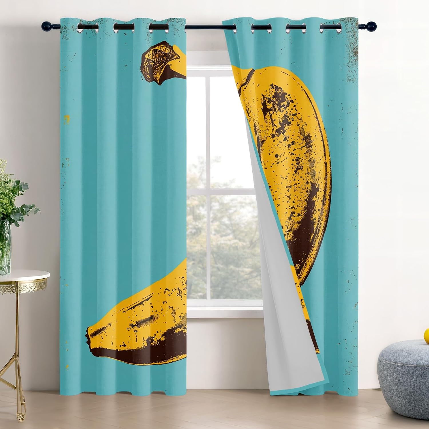 Banana Curtains 63 Inch Length - Pop Art Fruit Funky Yellow Teal Patterned Blackout Curtains for Living Room Bedroom, Room Darkening Grommet Drapes Window Treatments, 2 Panel Set