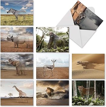 The Best Card Company - 10 Blank Animal Cards Boxed 4 x 5.12 Inch - Assorted Pets, Zoo, Wildlife Cards for Men and Women - Vanishing Wildlife M1736BN