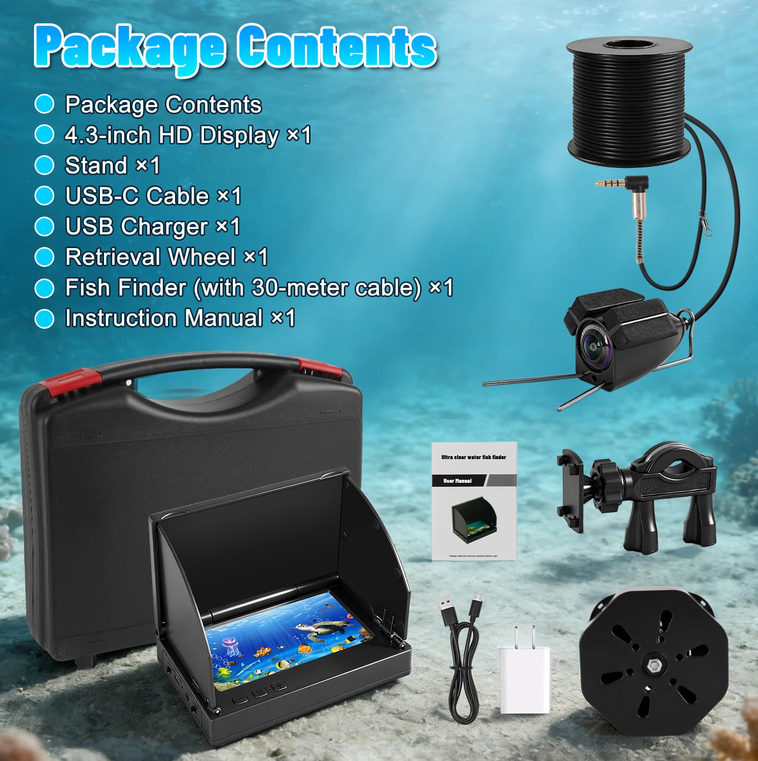 Cámara Submarina para Pesca con Pantalla IPS de 4,3" y Cable de 30 m, Cámara de Pesca con Visión Nocturna, Objetivo Gran Angular para Pesca en Mar, Río y Hielo
