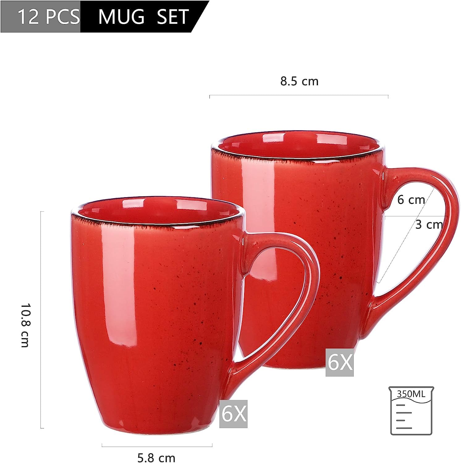 Prezenty Kubek ceramiczny Navia Zestaw 12 kubków do kawy z tropikalną herbatą, kamionka, bardzo duża kawa, herbata, gorące kakao Kubki do kawy, nowoczesne ceramiczne kubki do picia, czerwony, 350 ml/1