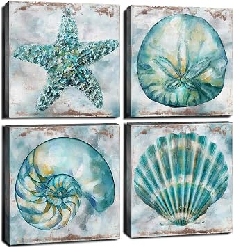 Farmhouse Seashell Bathroom Decor Teal Blue Beach Starfish Wall Art Rustic Coastal Artwork for Walls Modern Canvas Prints Watercolor Aqua Sea Conch Shells Pictures Bedroom Kitchen Decoration 12x12" 4P