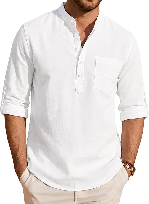 Alimens & Gentle Mens Linen Shirts Henley Long Sleeve Casual Summer Button Down Fashion Top with Pocket S-3XL