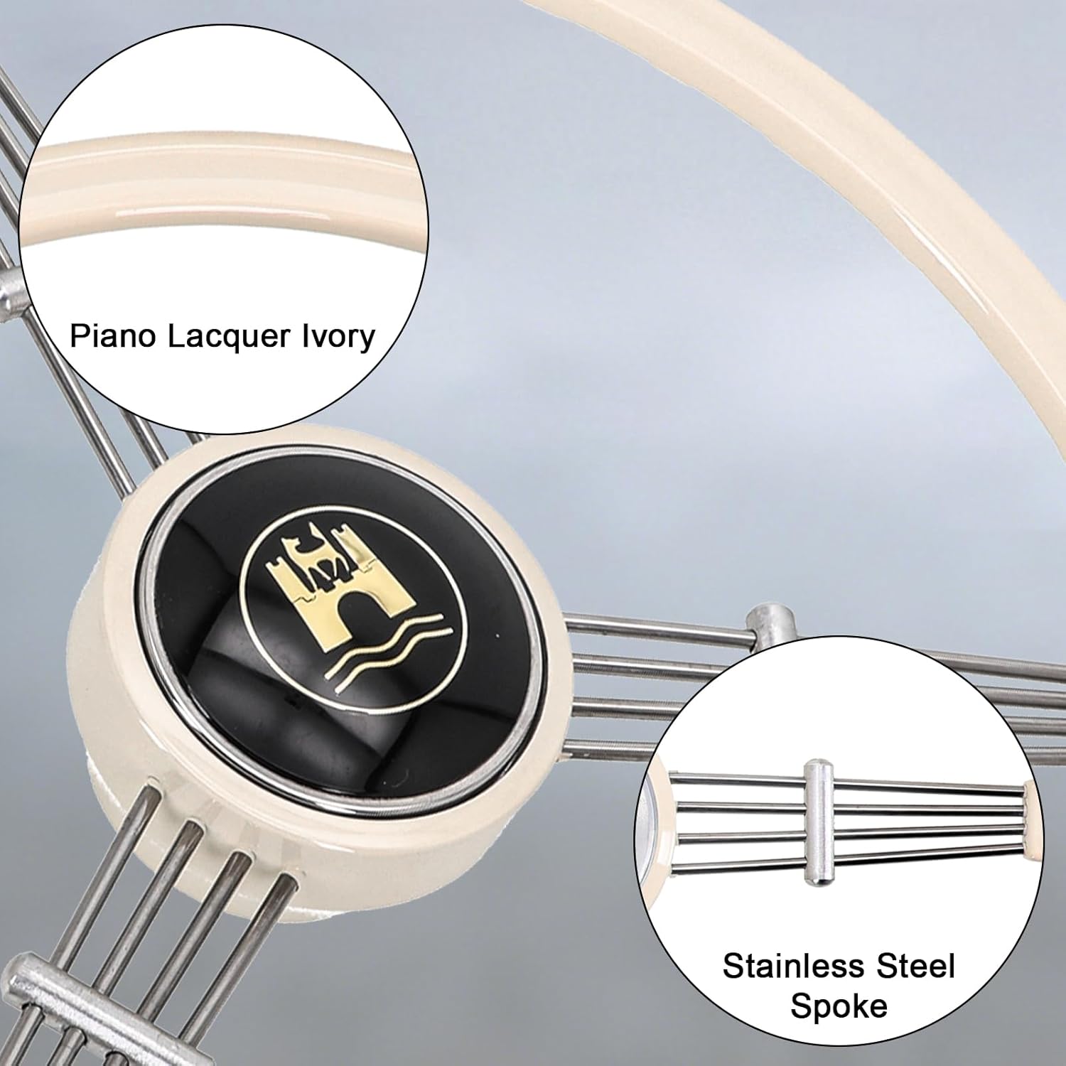 Sorghum 15" Universal Steering Wheel - 3 Spokes Classic Steering Wheel with Horn Button Compatible with 1965-1973 Porsche 911 912 - Piano Lacquer Ivory