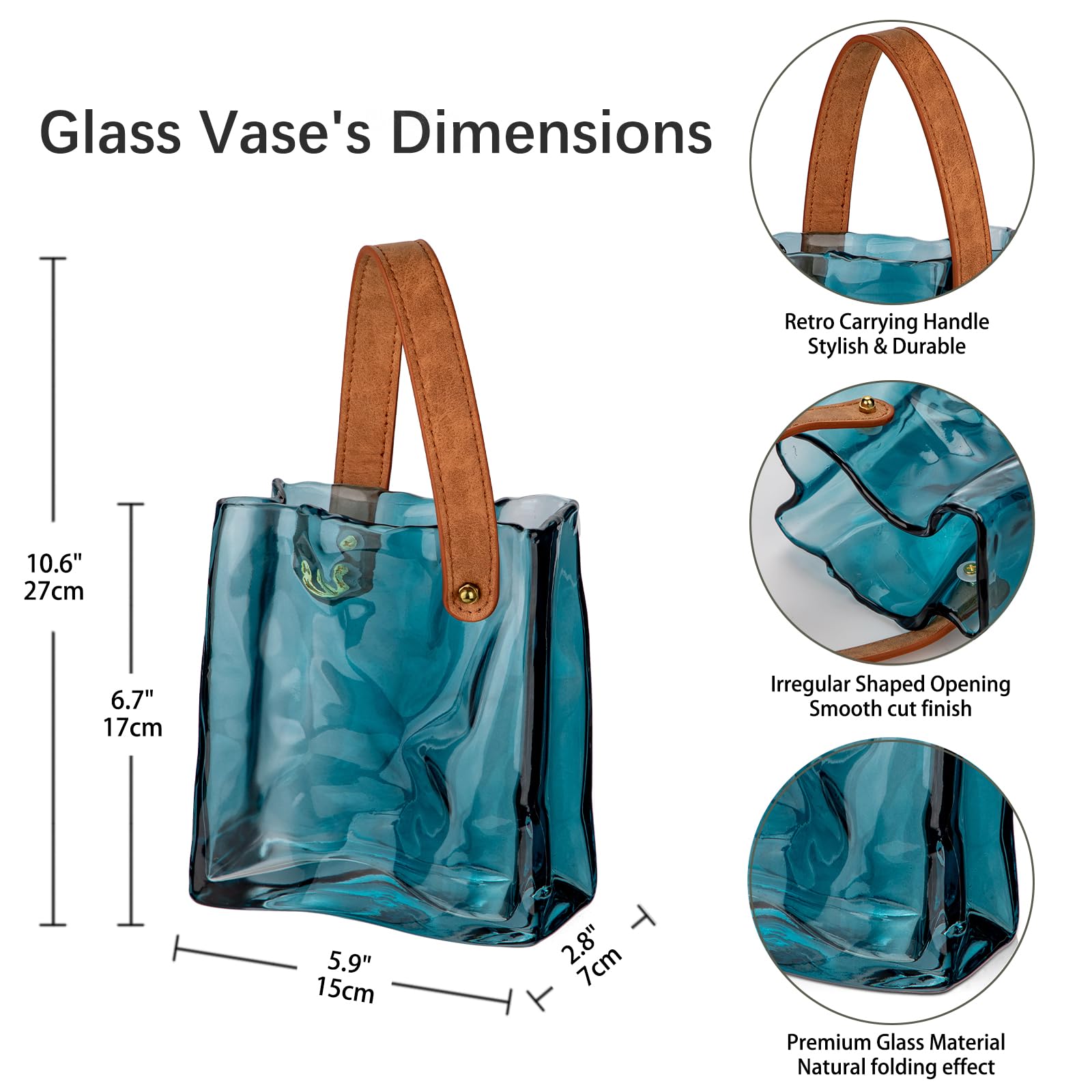 Hollyone 17cm Thickened Glass Vase for Flowers Blue Flower Vase for Room Decor Aesthetic Unique Vases with Handle for Wedding Living Room - Image 2
